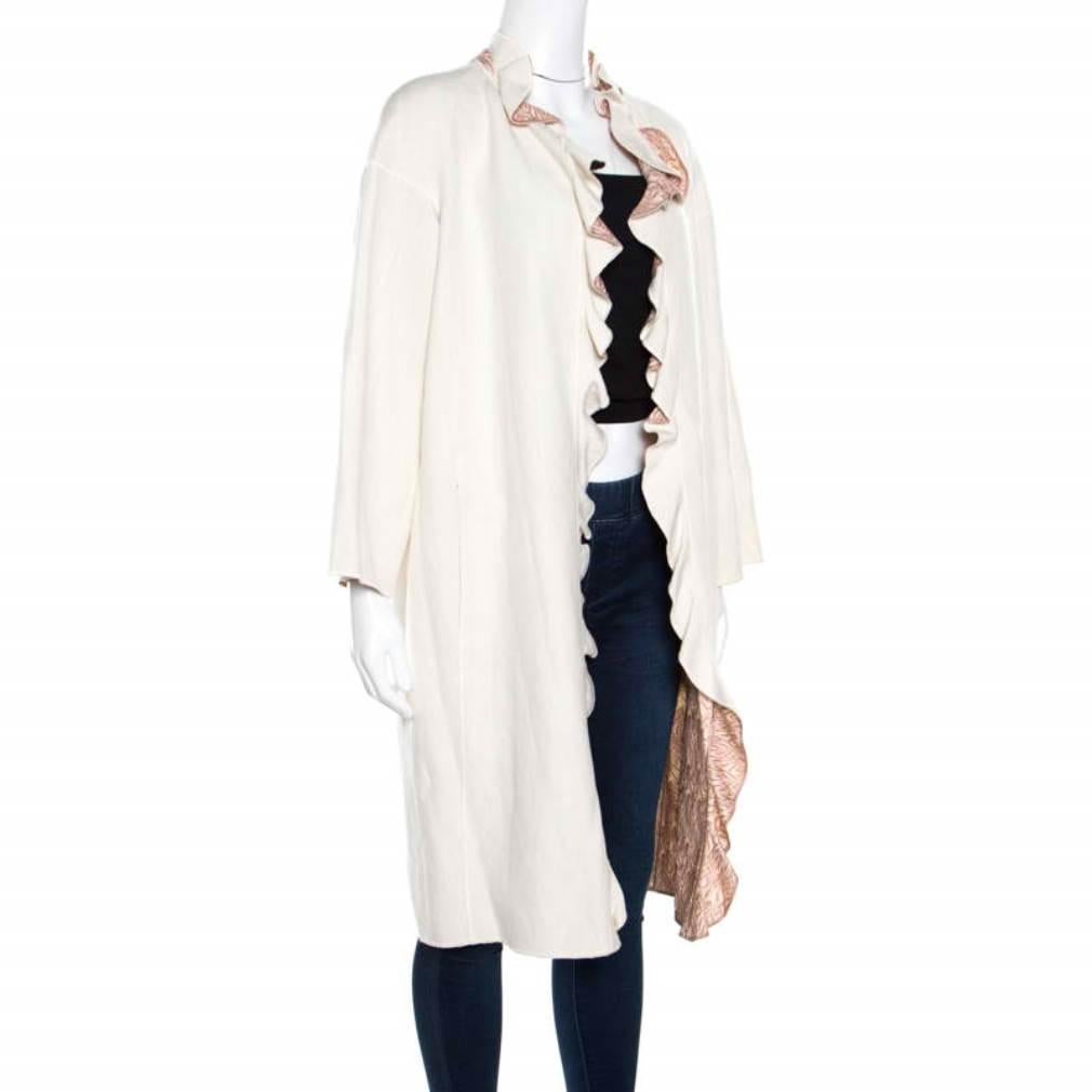 Gray Missoni Off White Silk and Linen Blend Ruffle Detail Contrast Lined Long Coat M