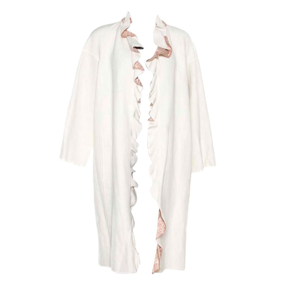 Missoni Off White Silk and Linen Blend Ruffle Detail Contrast Lined Long Coat M
