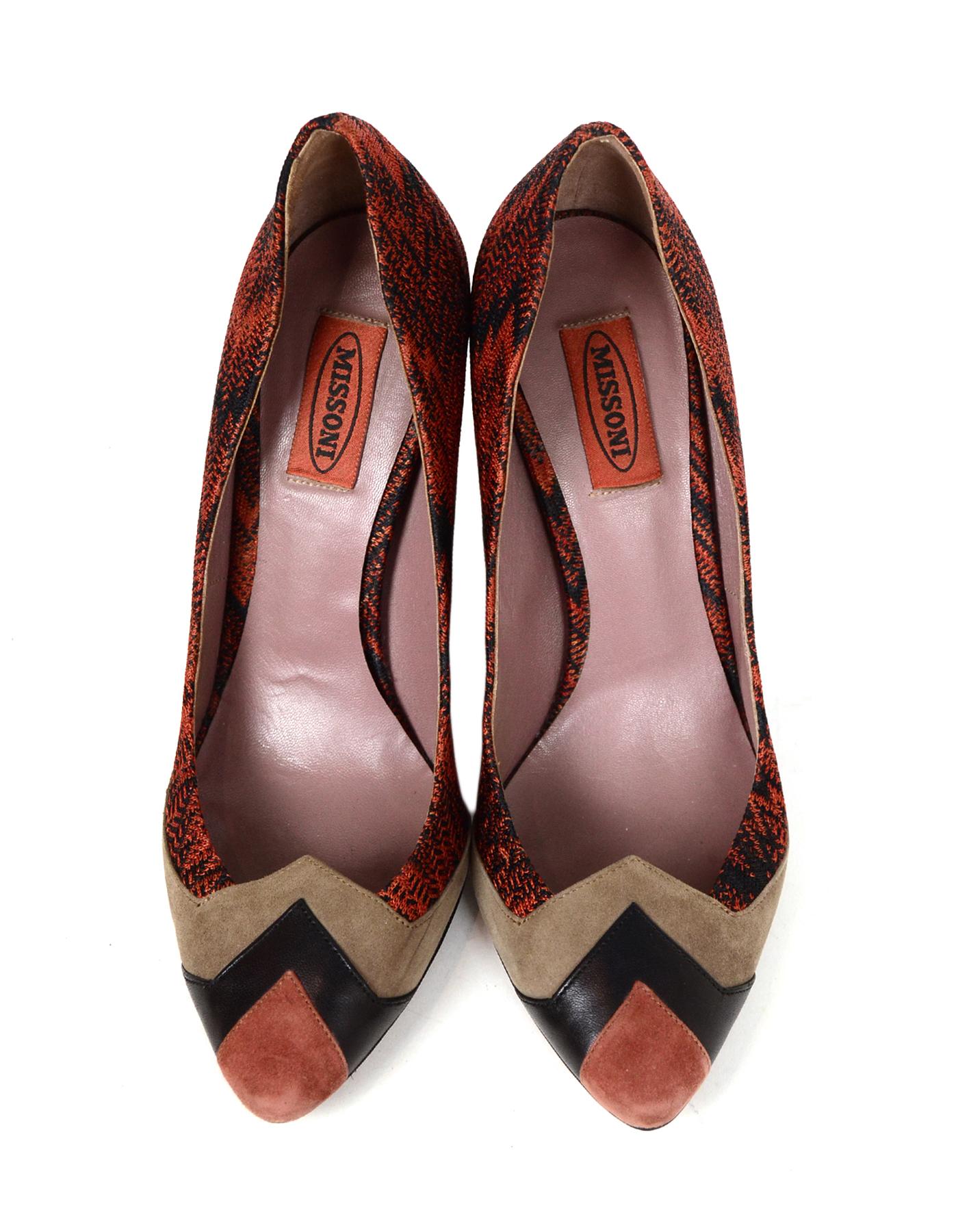 Missoni Orange/Black Knit/Leather Cap Toe Heels sz 39 In Excellent Condition In New York, NY