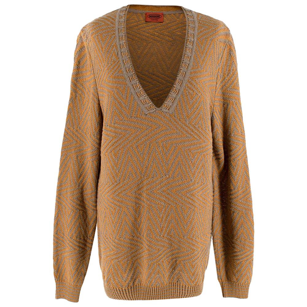 Missoni Orange/Grey Embroidered Knit V-Neck Jumper - Size US 14 For Sale