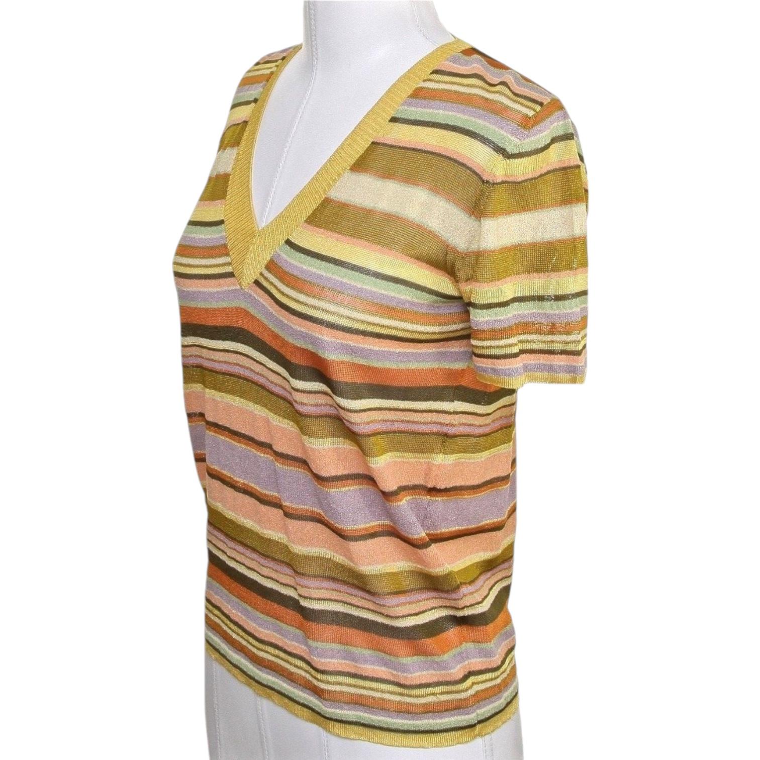 GUARANTEED AUTHERNTIC MISSONI ORANGE LABEL STRIPED KNIT TOP

Size: 40

Color: Multi Color, Soft Lavender, Green, Pink with Gold trim

Material: Feels like Rayon + Linen (fabric tag removed)

Measurements (Approximate) :

Shoulder 15