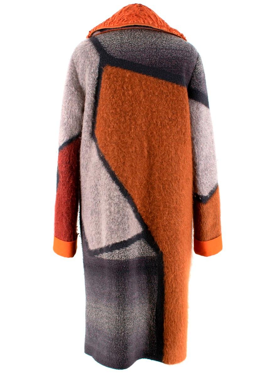 Missoni Orange Patchwork Mohair Blend Coat with Astrakhan Collar

- Soft blended fabrics
- Orange, grey, and brown pattern
- Cuffed orange sleeves
- Orange lining
- Six hidden buttons along the front 
- Lush Persian lamb detachable