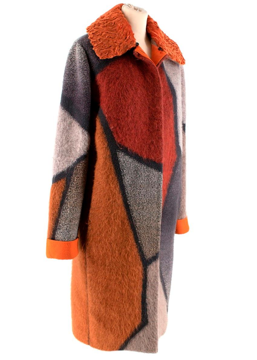 Missoni Orange Patchwork Mohair Blend Coat with Astrakhan Collar - Size US 4 In Excellent Condition In London, GB
