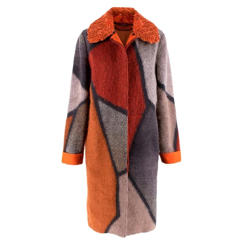 Missoni Orange Patchwork Mohair Blend Coat with Astrakhan Collar - Size US 4