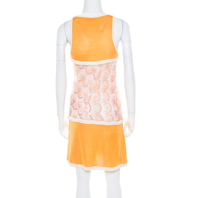 White Missoni Orange Patterned Stretch Knit Paneled Tank Dress S