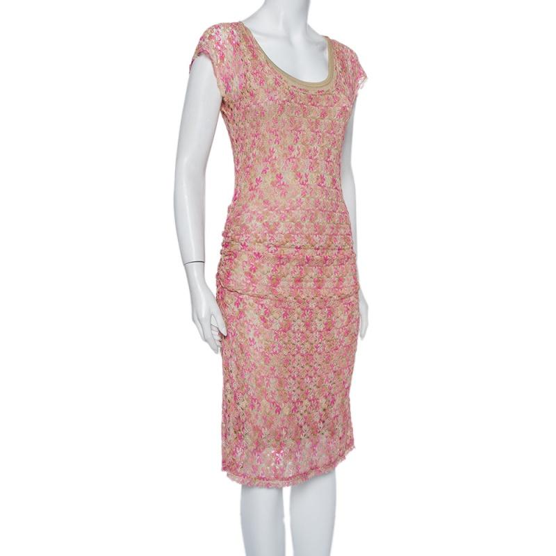 Missoni Pink & Beige Knit Ruched Sleeveless Midi Dress M In Good Condition In Dubai, Al Qouz 2