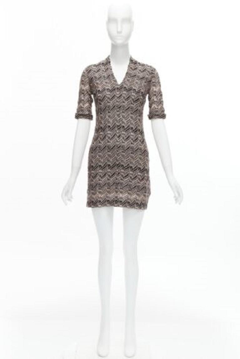 MISSONI pink black chevron knit lace V-neck cuffed sleeve mini dress IT38 XS For Sale 5