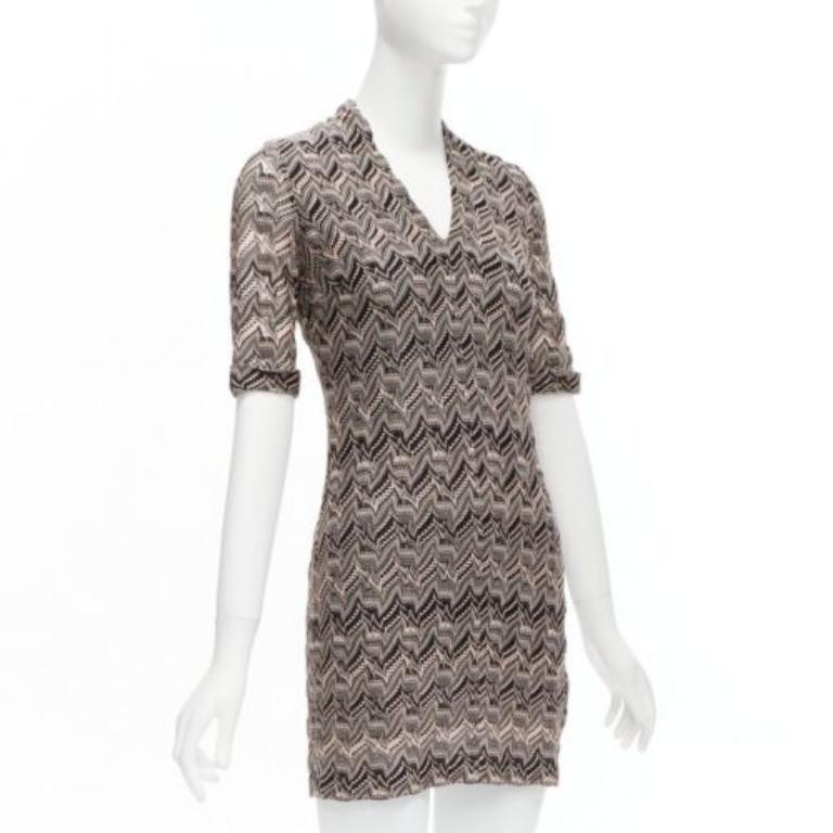 Gray MISSONI pink black chevron knit lace V-neck cuffed sleeve mini dress IT38 XS For Sale
