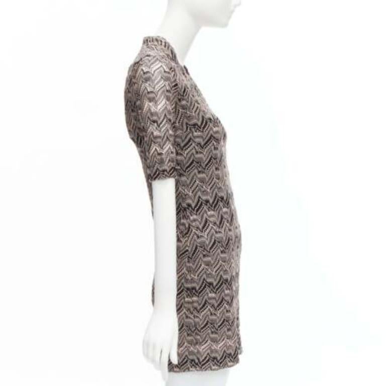 MISSONI pink black chevron knit lace V-neck cuffed sleeve mini dress IT38 XS In New Condition For Sale In Hong Kong, NT