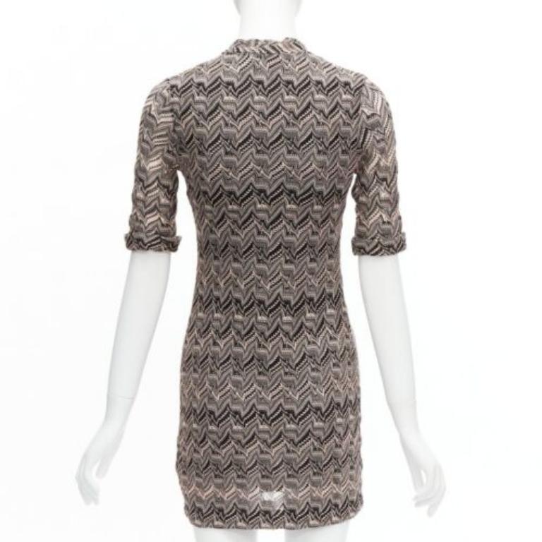 Women's MISSONI pink black chevron knit lace V-neck cuffed sleeve mini dress IT38 XS For Sale