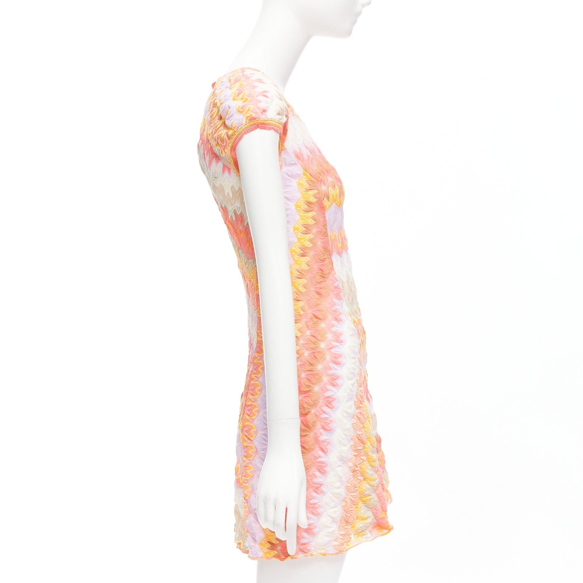 Women's MISSONI pink cotton chevron zigzag knit V neck cap sleeve mini dress IT38 XS For Sale