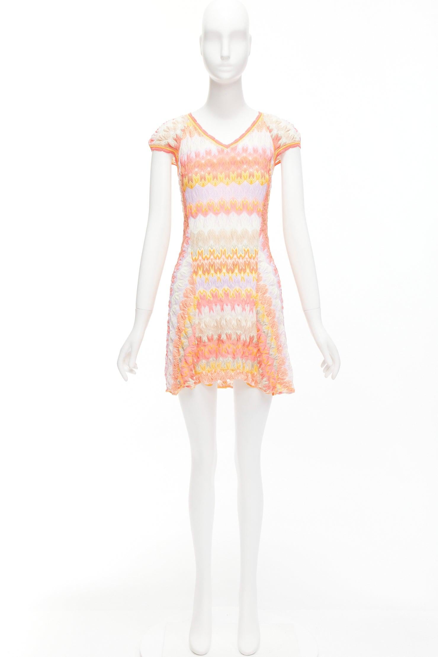 MISSONI pink cotton chevron zigzag knit V neck cap sleeve mini dress IT38 XS For Sale 5