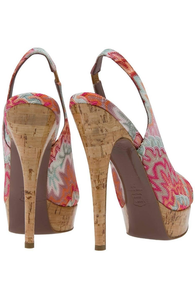 NEW Missoni Pink Crochet Knit Peep Toe Sling Back Cork High Heels For