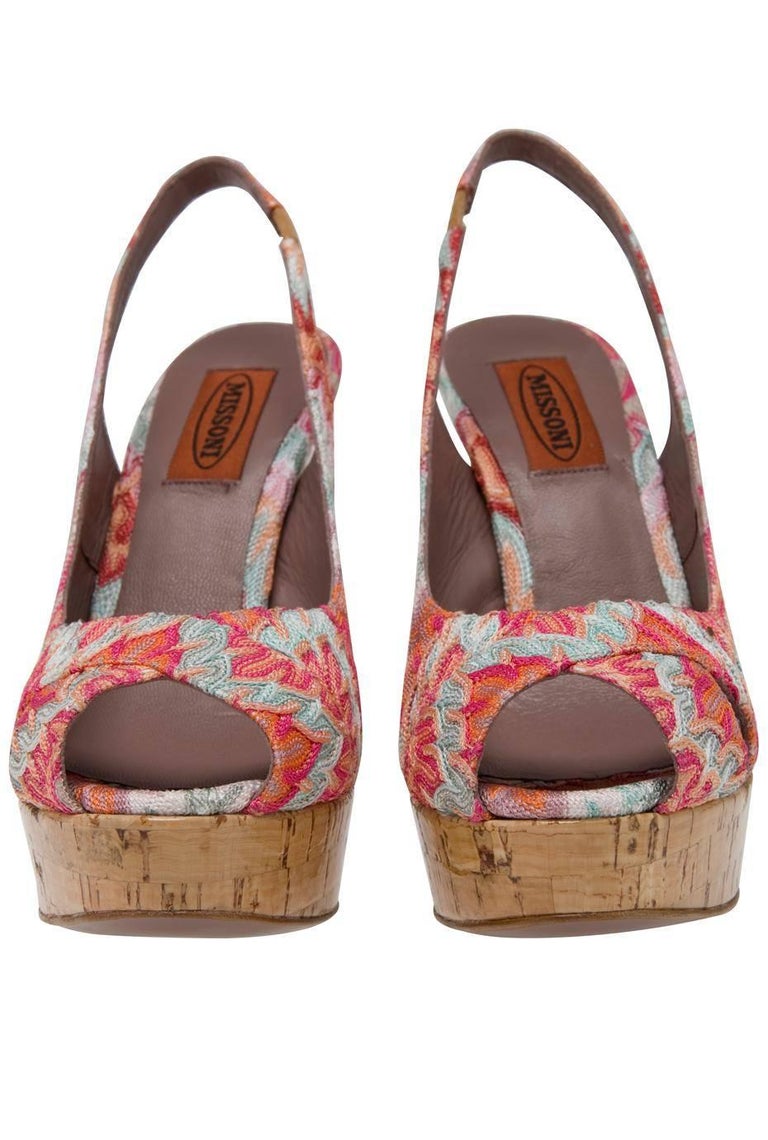NEW Missoni Pink Crochet Knit Peep Toe Sling Back Cork Sandals High