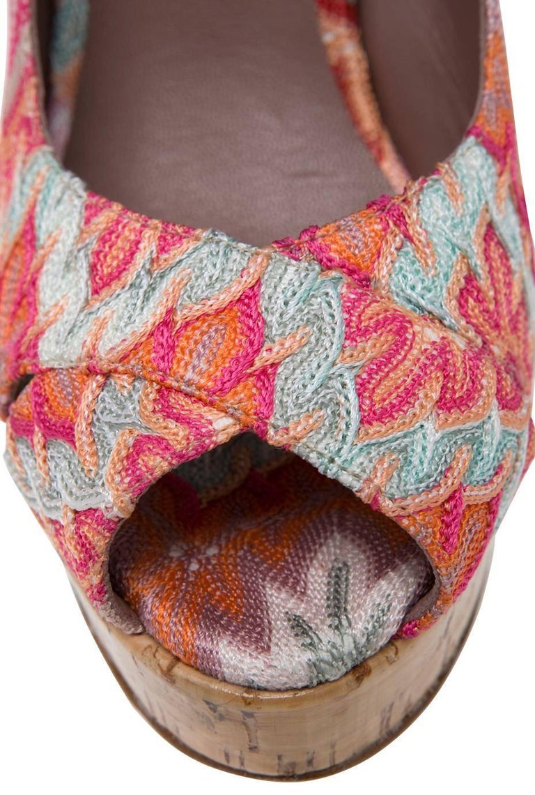NEW Missoni Pink Crochet Knit Peep Toe Sling Back Cork Sandals High