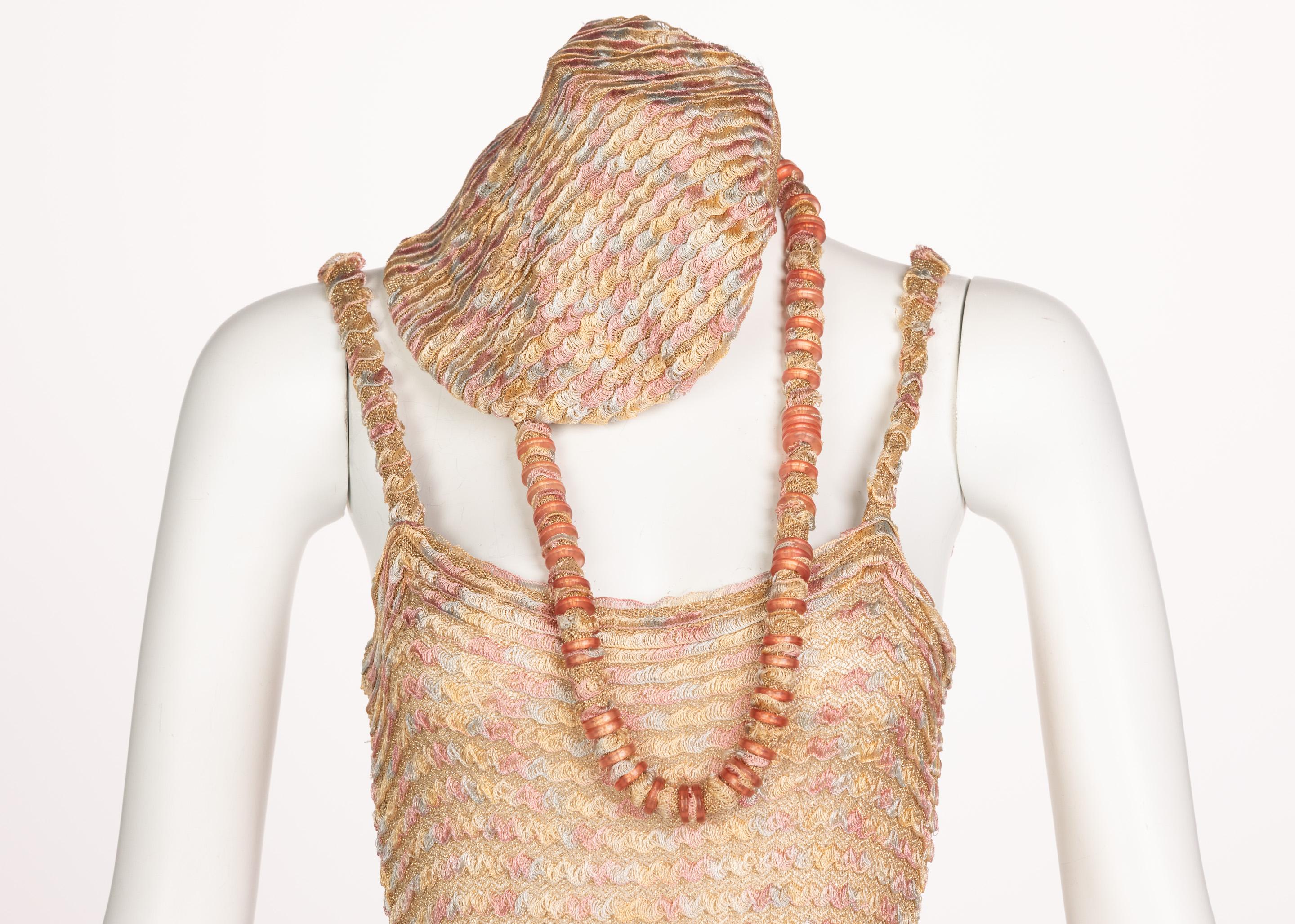 Missoni Pink Gold Knit Maxi Dress Cardigan Necklace Beret Set, 1970s For Sale 6