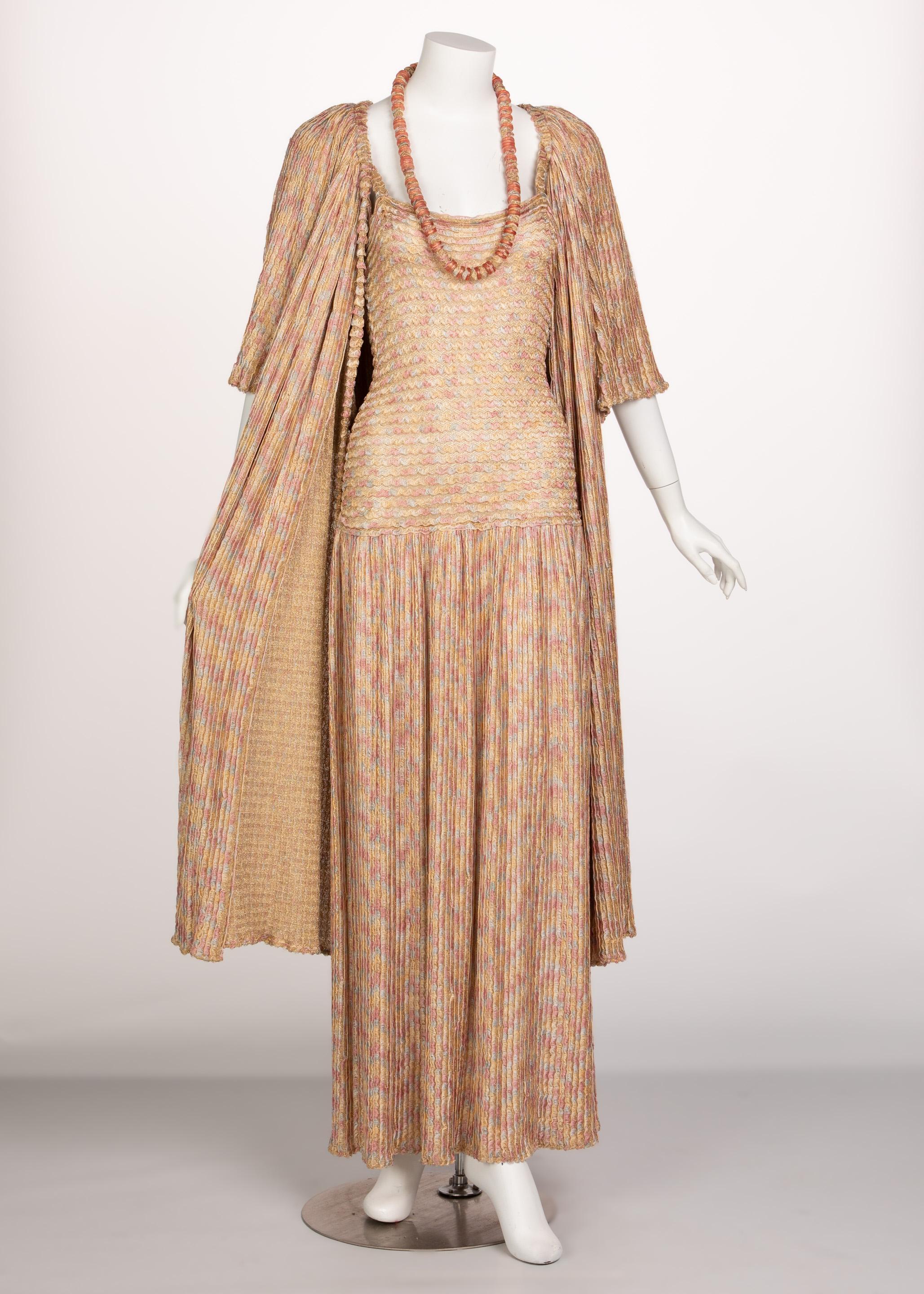 Missoni is defined by its impressionist color stories and signature knit designs. The designs speak to the idea of simplicity with the value always being in the fine details. Done in a silky rayon crochet knit, this 1970s Missoni ensemble is made