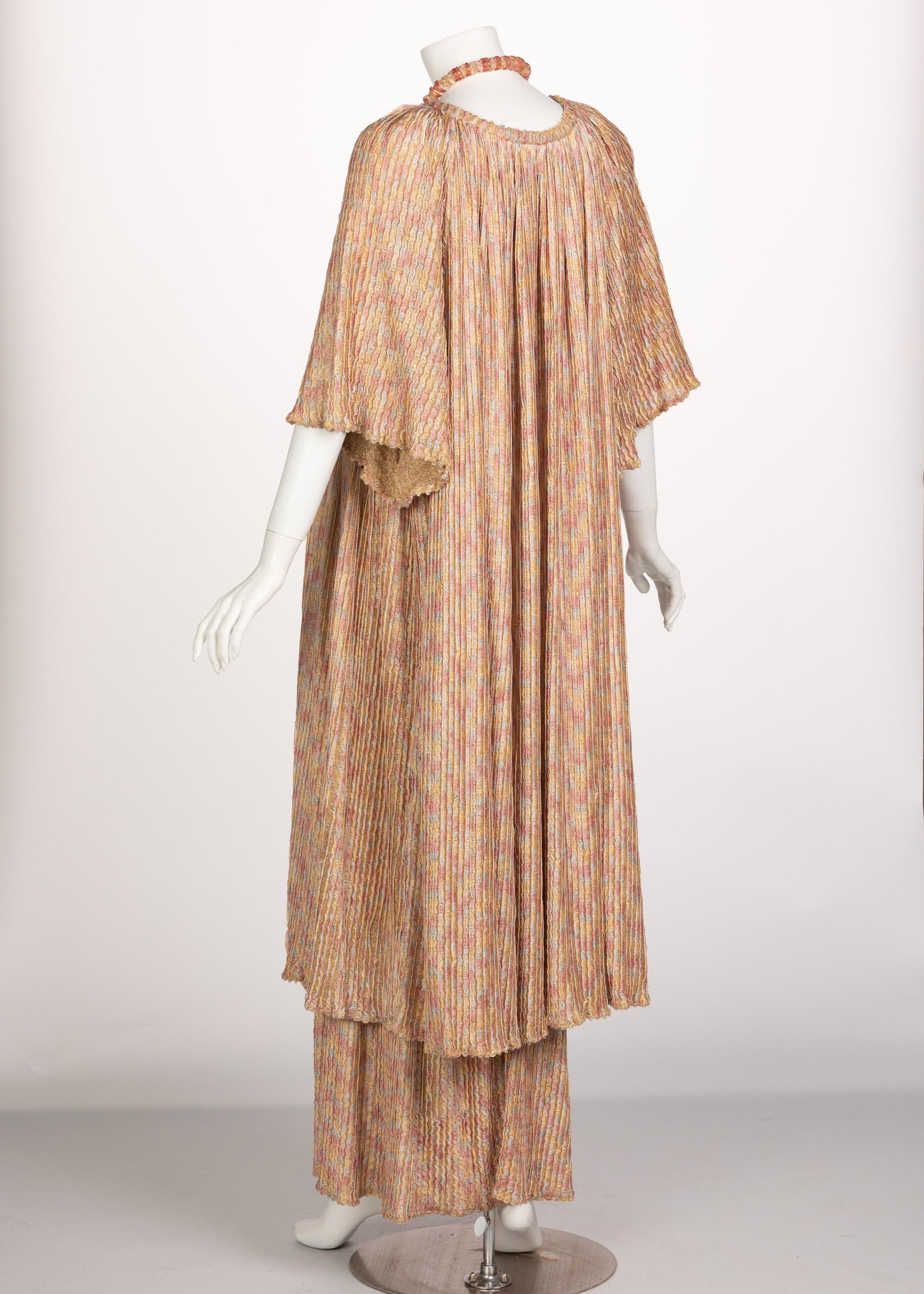Missoni - Ensemble robe longue cardigan et collier en maille dorée rose, années 1970 Pour femmes en vente