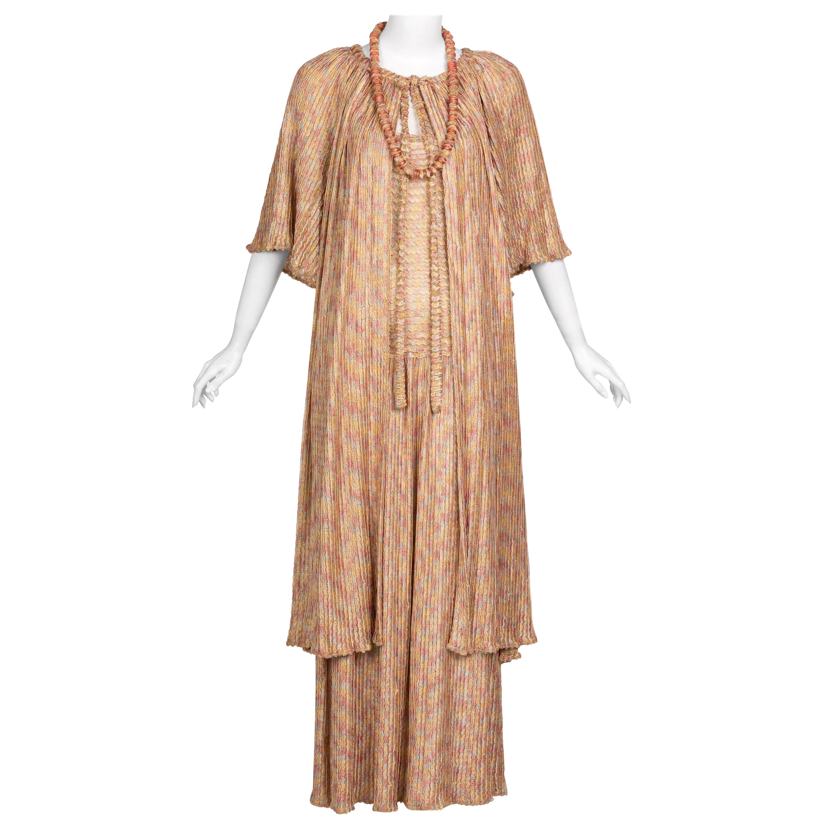 Missoni - Ensemble robe longue cardigan et collier en maille dorée rose, années 1970