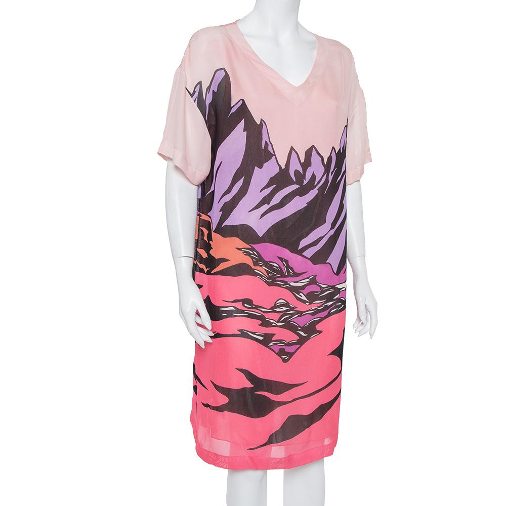 Missoni Pink Printed Silk Short Sleeve Shift Dress M In Good Condition In Dubai, Al Qouz 2