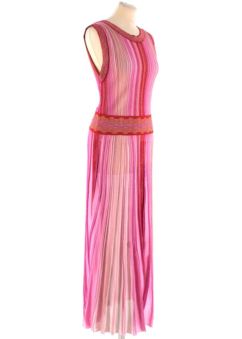 Missoni Pink & Red Metallic Midi Dress 

- Sleeveless
- Wrap Detail at Back 
- Rounded Neckline 
- Patterned trim to neckline, arms and waist 
- Tonal Pink and red metallic throughout 
- Elasticated Waist 
- Maxi Length 
- Pleated Skirt