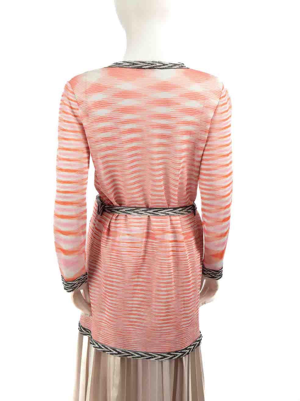 Beige Missoni Pink Striped Pattern Belted Cardigan Size L For Sale