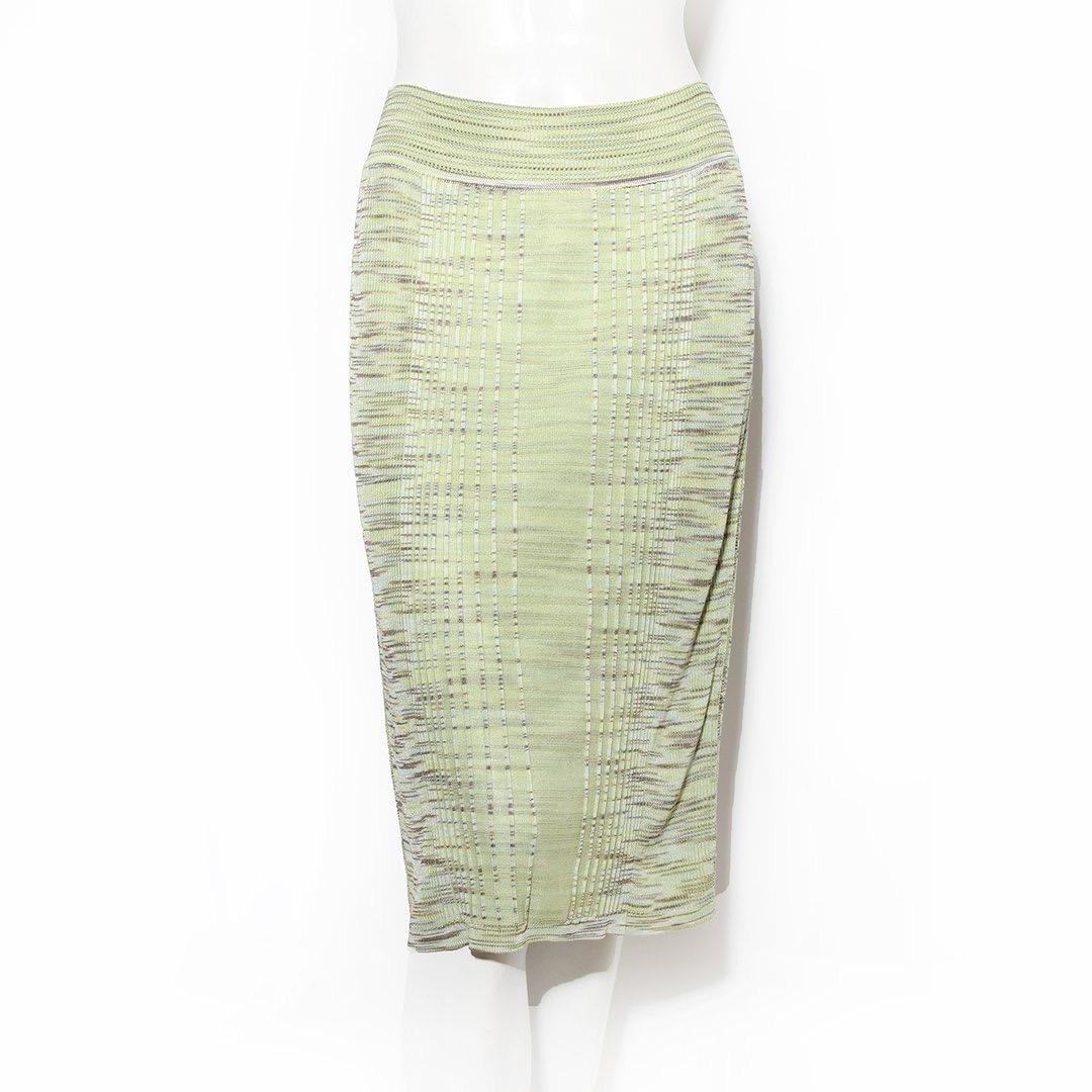 Pleated skirt by Missoni 
Green 
Stripped pattern
Ribbed knit skirt 
Wide waistband 
Slip-on 
High waisted skirt
Made in Italy
Condition: Good condition, small pulls on side of skirt. Sold as-is (see photos)
Size/Measurements:
Size 46 FR
28