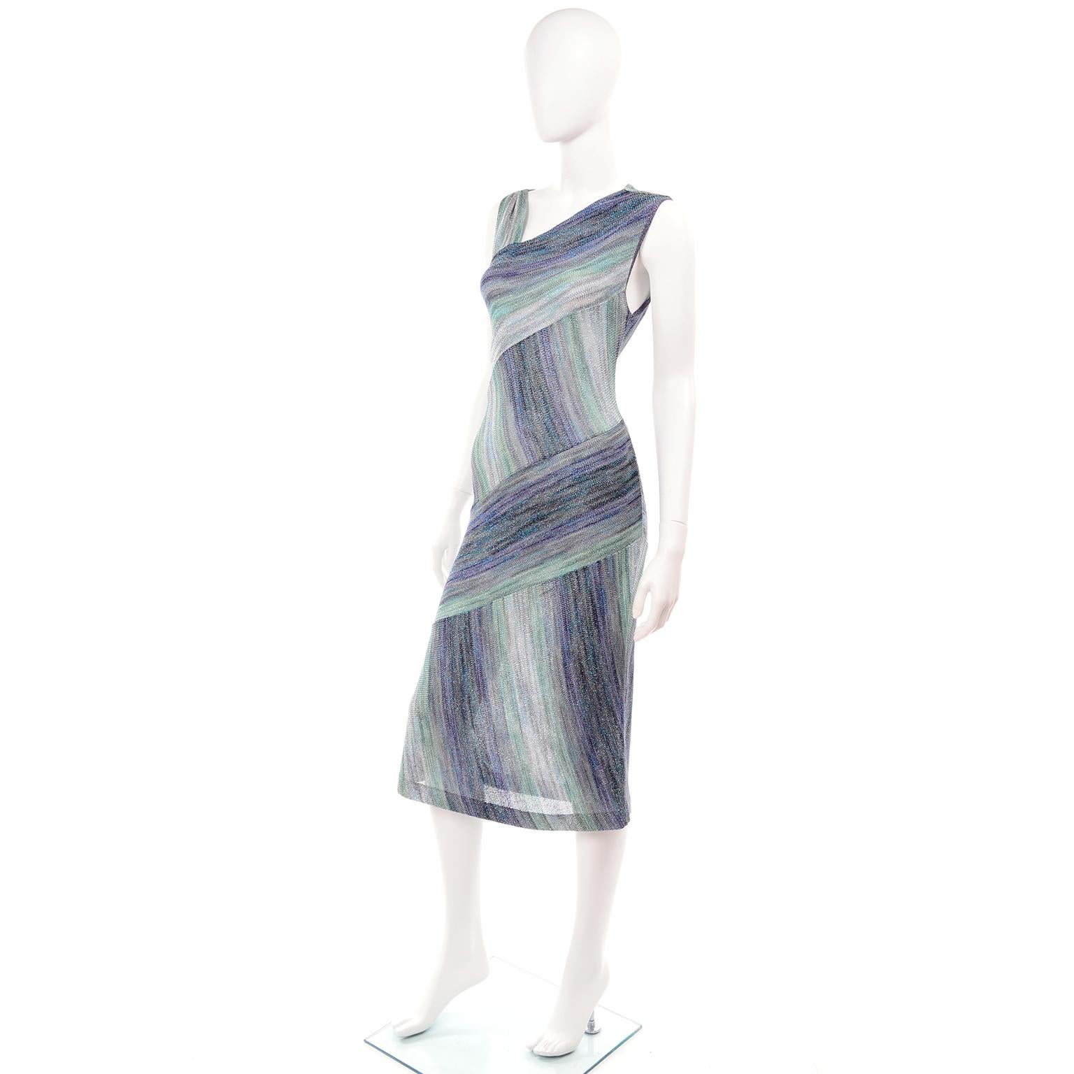 Gray Missoni Purple Blue & Green Metallic Stretch Knit Dress W Asymmetrical Design 