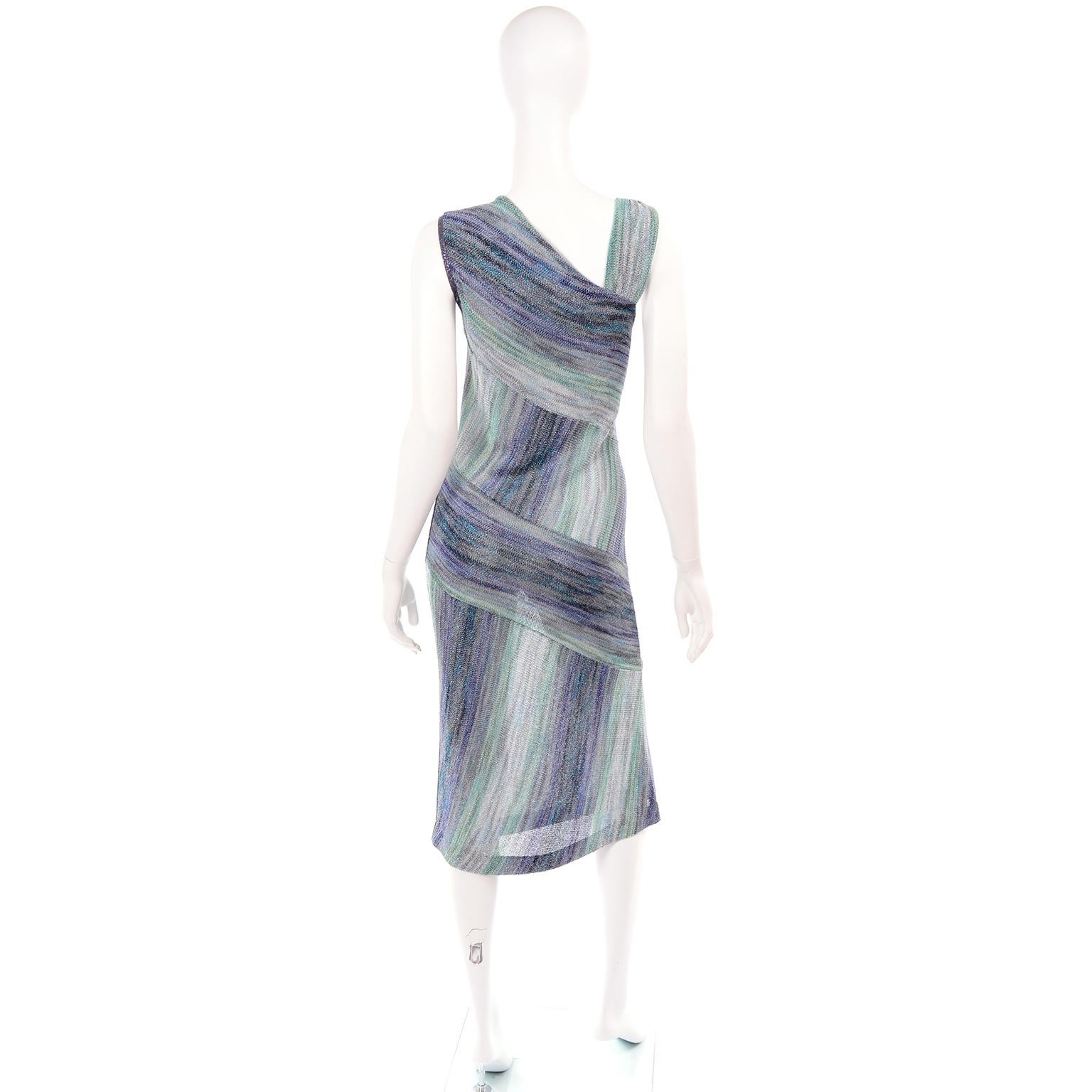 Missoni Purple Blue & Green Metallic Stretch Knit Dress W Asymmetrical Design  In Excellent Condition In Portland, OR