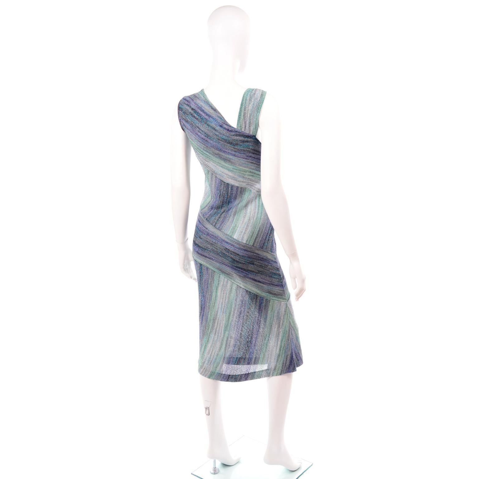 Missoni Purple Blue & Green Metallic Stretch Knit Dress W Asymmetrical Design  1