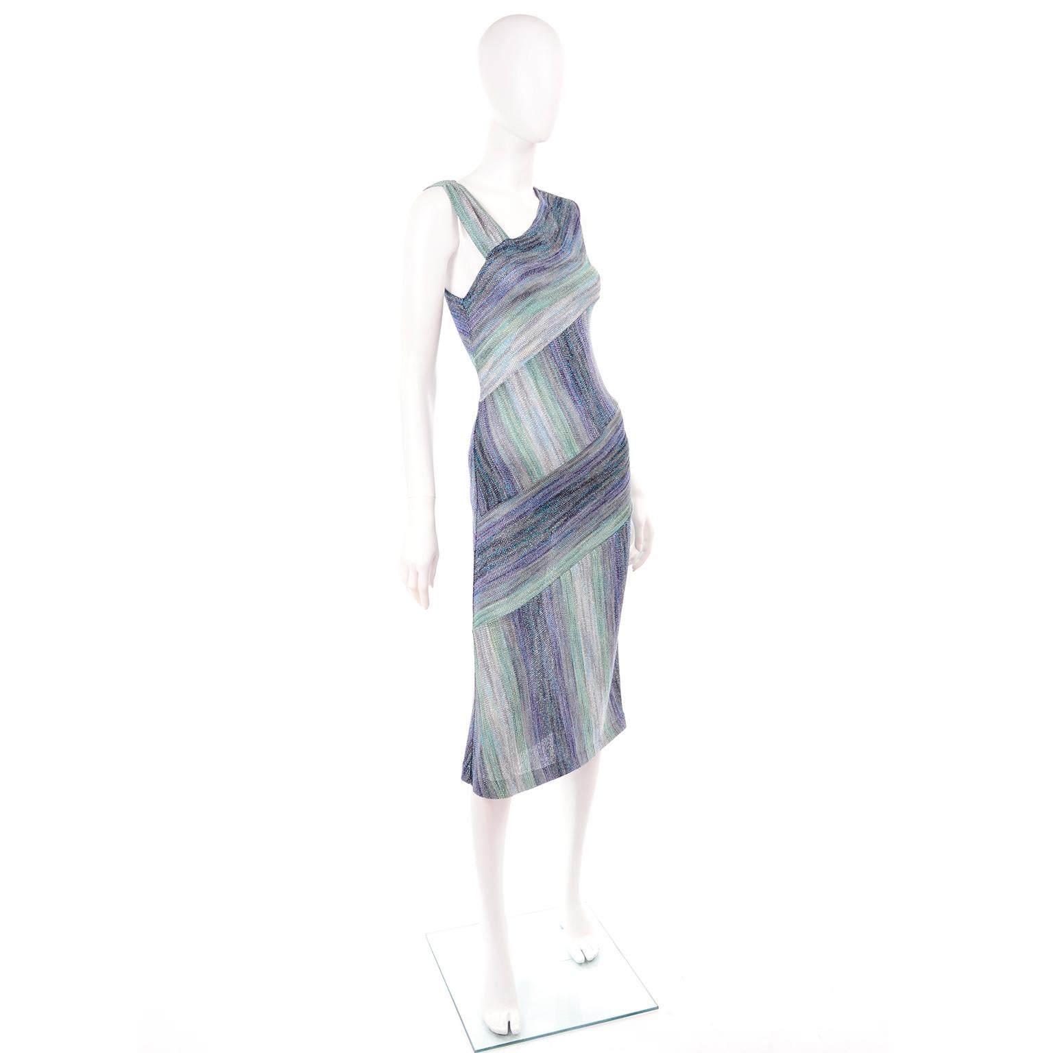 Missoni Purple Blue & Green Metallic Stretch Knit Dress W Asymmetrical Design  2