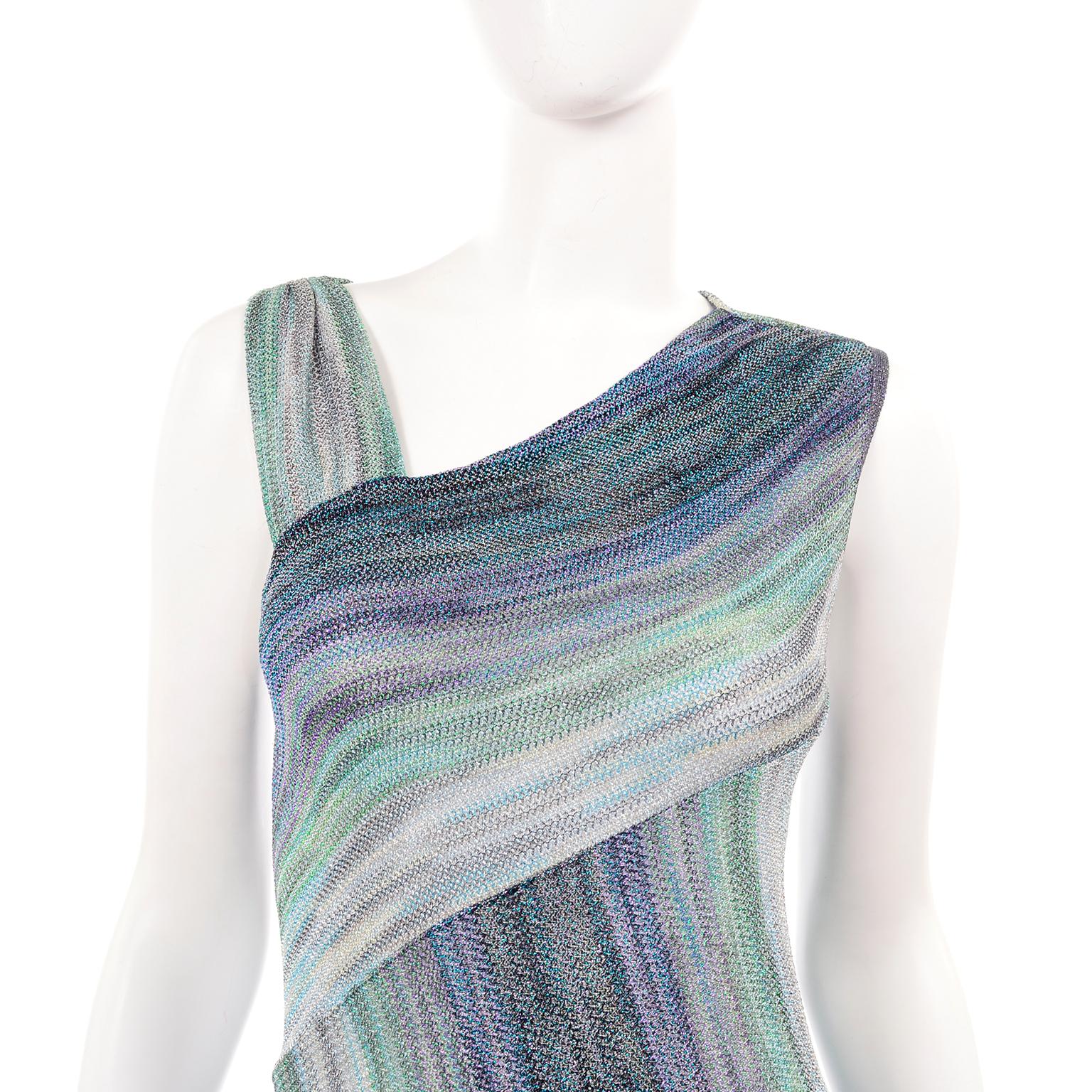 Missoni Purple Blue & Green Metallic Stretch Knit Dress W Asymmetrical Design  4
