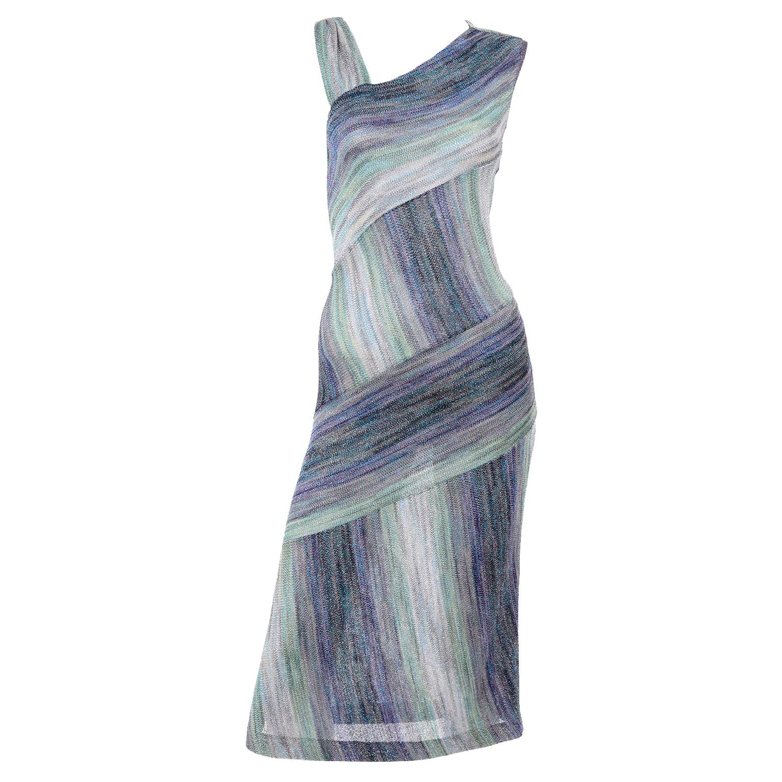 Missoni Purple Blue & Green Metallic Stretch Knit Dress W Asymmetrical Design 