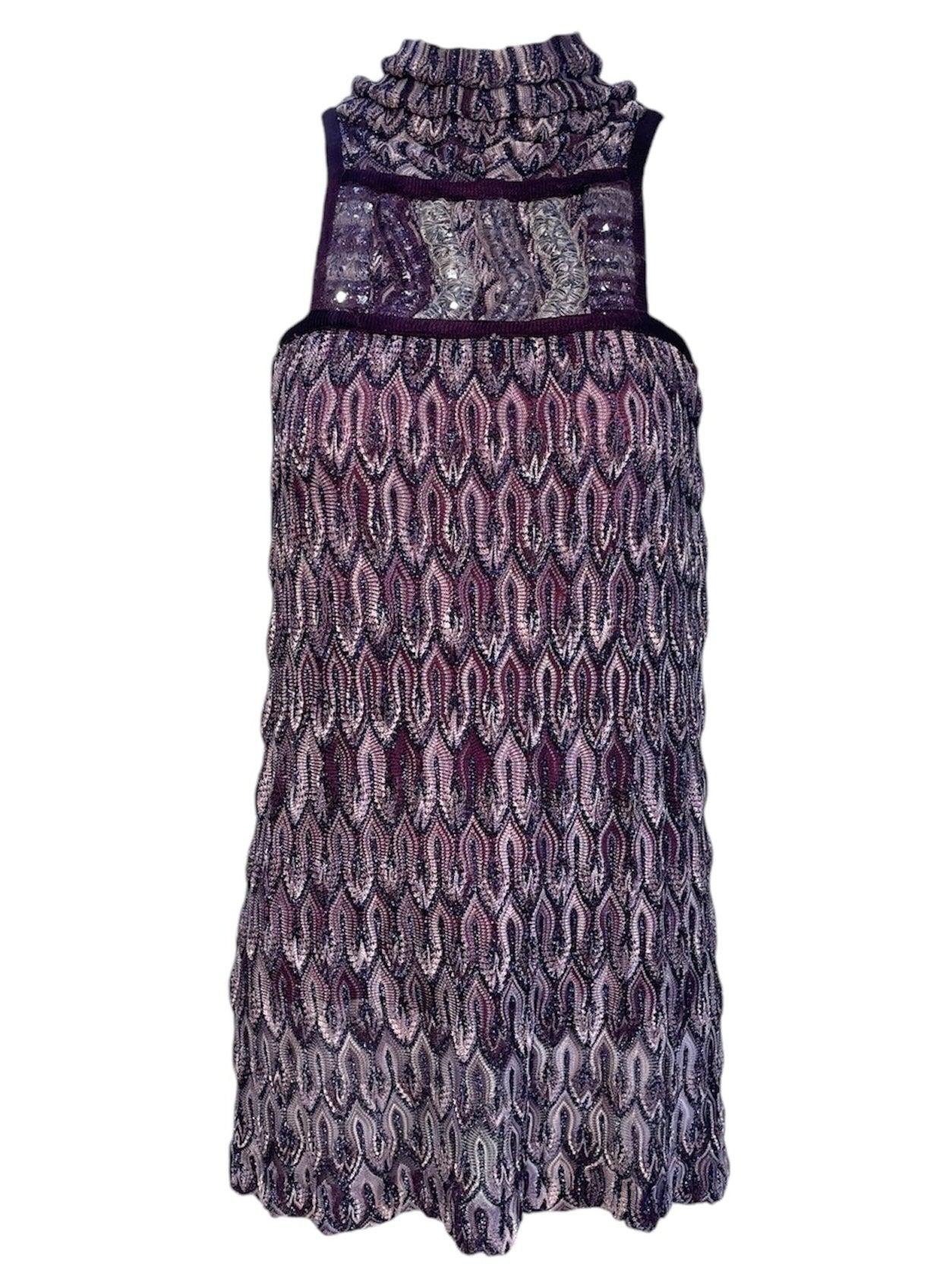 Missoni Purple Lurex Flame Stitch Knit Mini Dress, 2000s For Sale