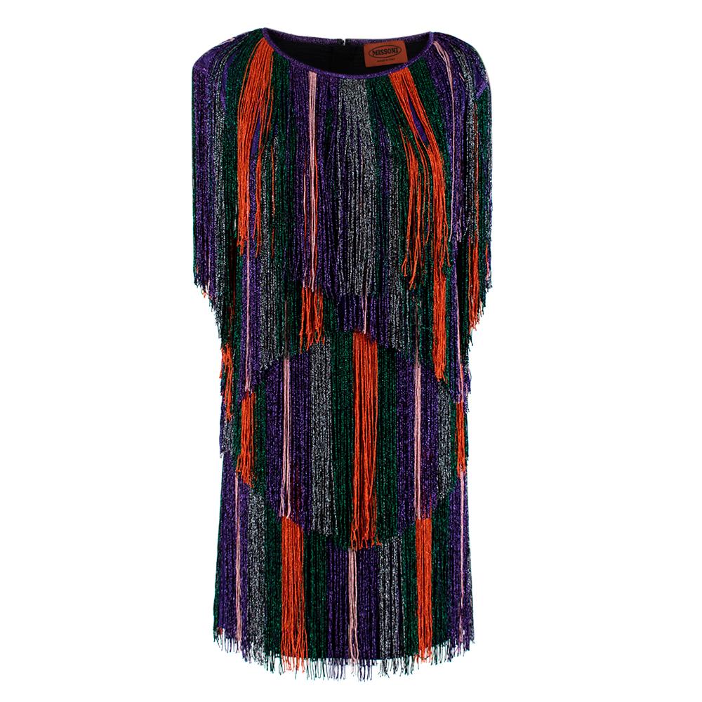 Missoni Purple & Orange Fringed Mini Dress

- Made of soft knit covered in fringe 
- Chevron texture 
- Mini Length 
- Classic cut 
- Round neckline 
- Zip fastening to the back 
- Fun cheerful design 

Material:
There is no care label but we