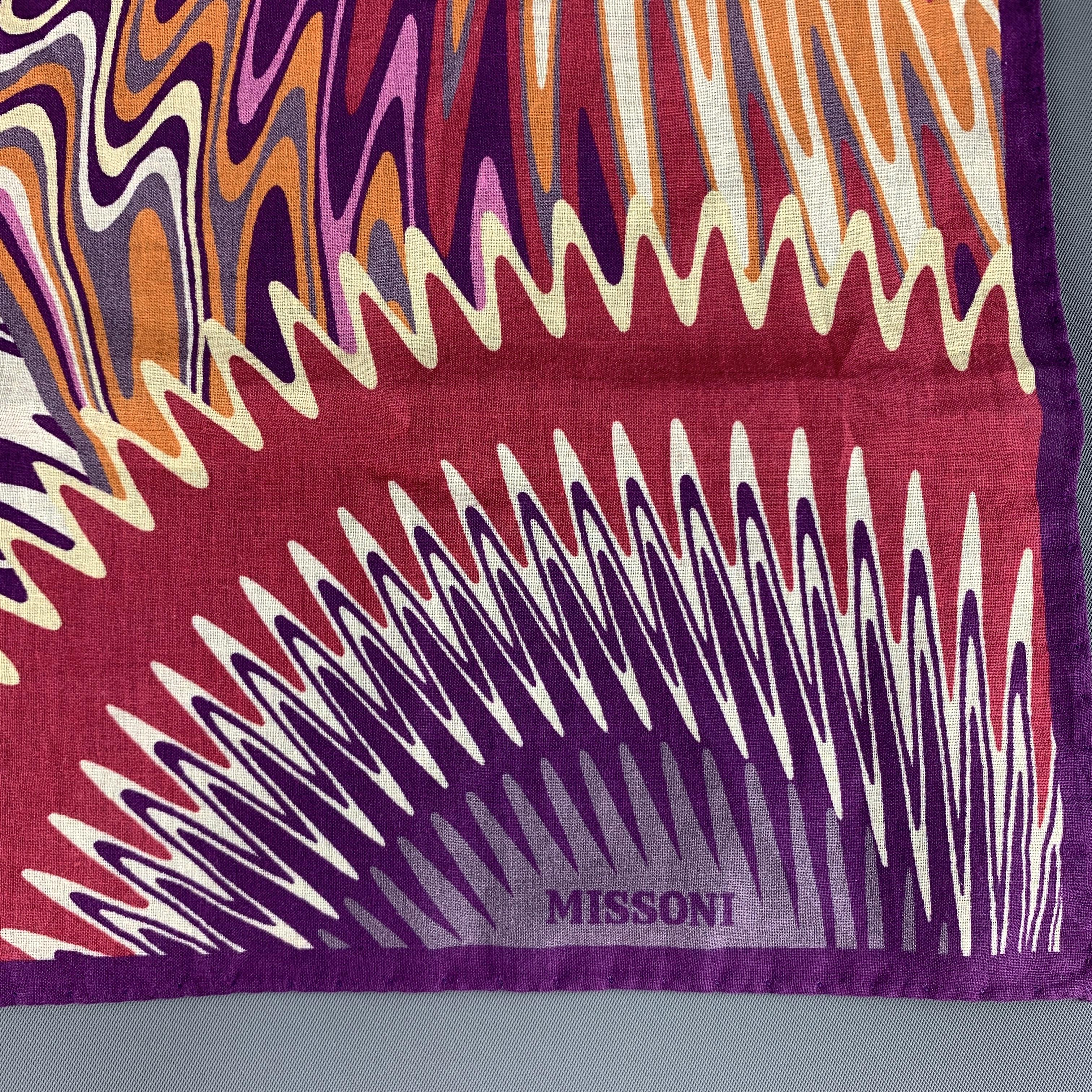 Missoni pocket square handkerchief comes in purple and beige semi sheer cotton with all over abstract pink and orange swirl print. Made in Italy.
 

Excellent Pre-Owned Condition.

16.5 x 16.5 in.