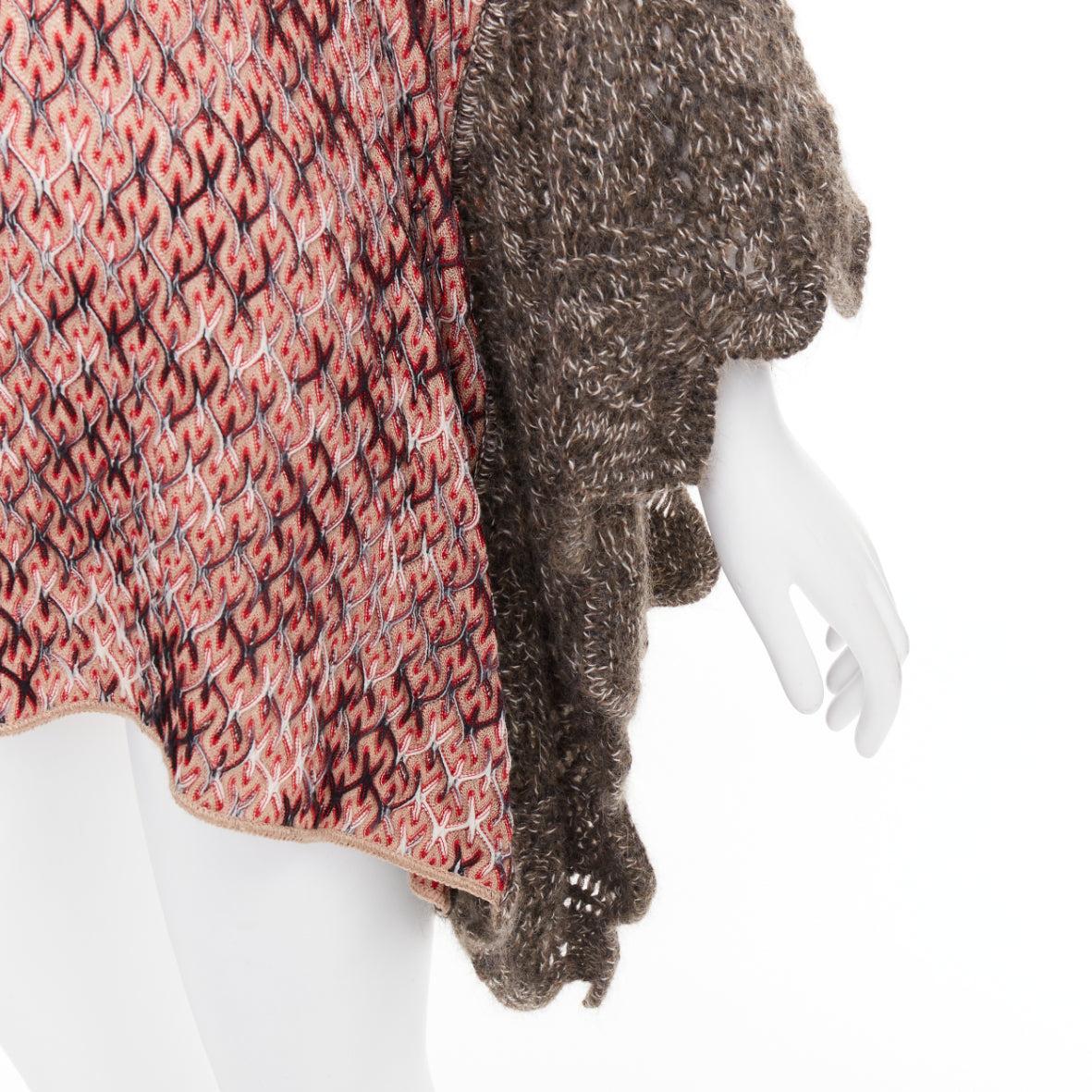 MISSONI red brown wool blend signature chevron contrast knit poncho sweater
Reference: CC/A00414
Brand: Missoni
Material: Wool, Blend
Color: Red, Brown
Pattern: Solid
Closure: Pullover
Extra Details: Brown contrasting heavy knit sleeves.
Made in: