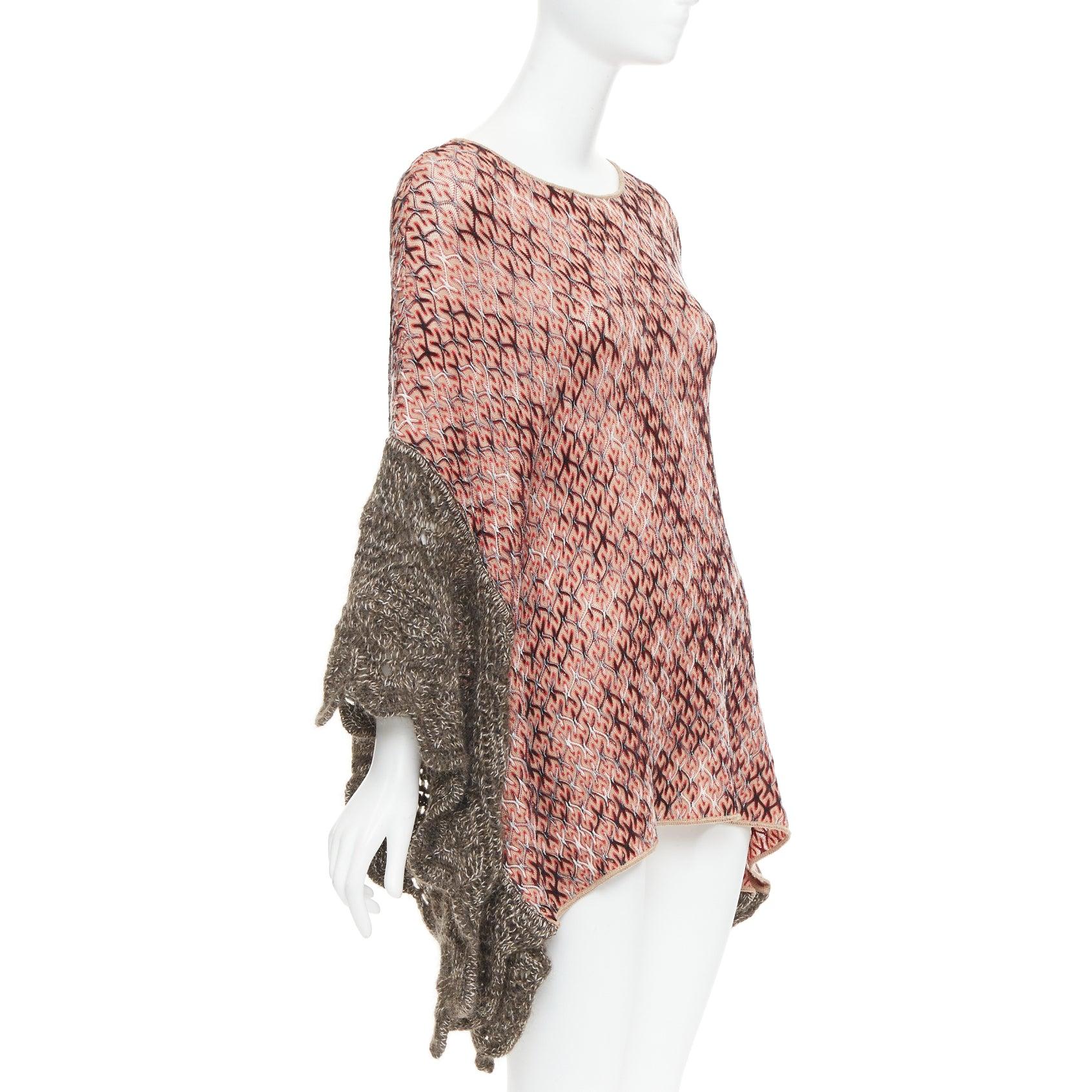 Brown MISSONI red brown wool blend signature chevron contrast knit poncho sweater For Sale