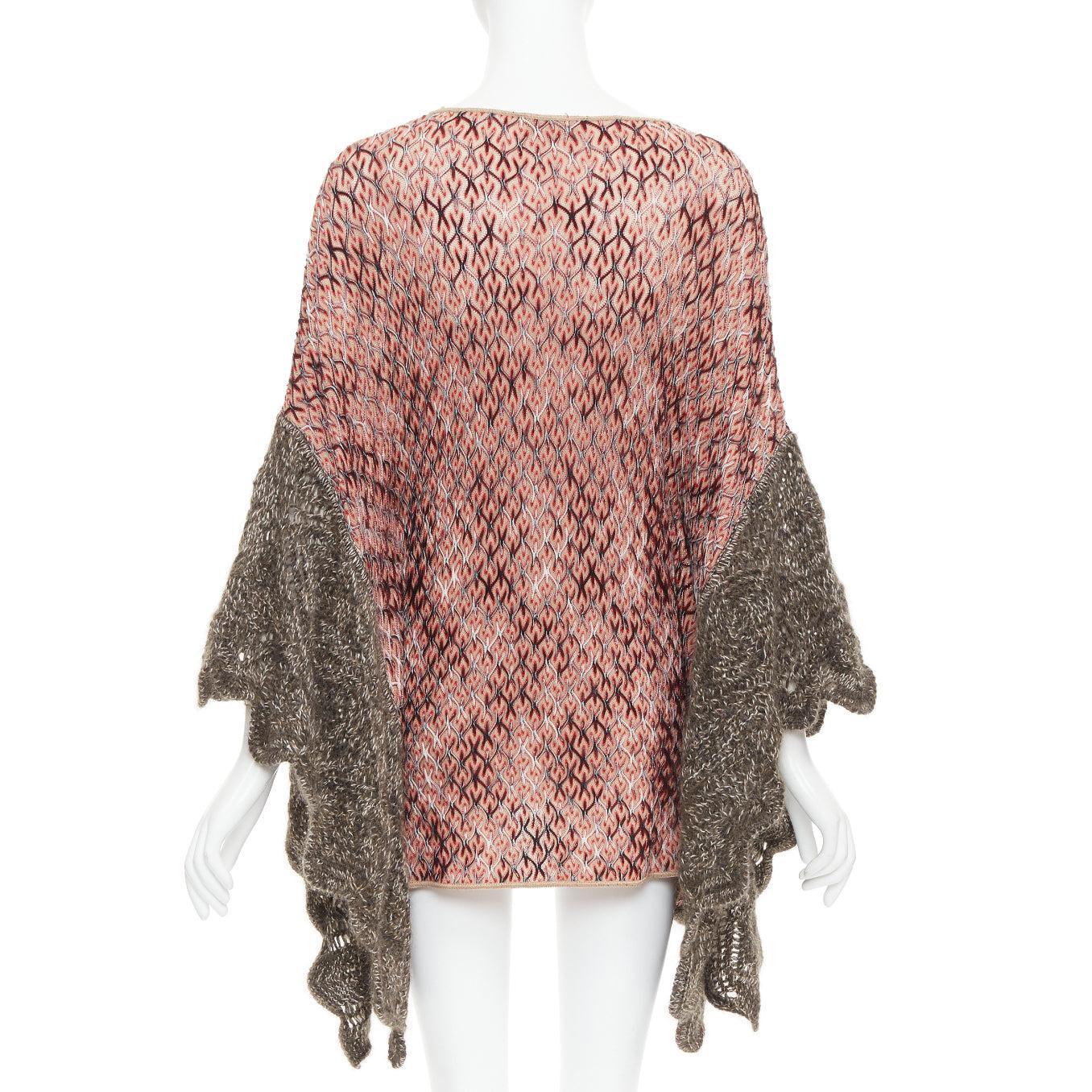 Women's MISSONI red brown wool blend signature chevron contrast knit poncho sweater For Sale