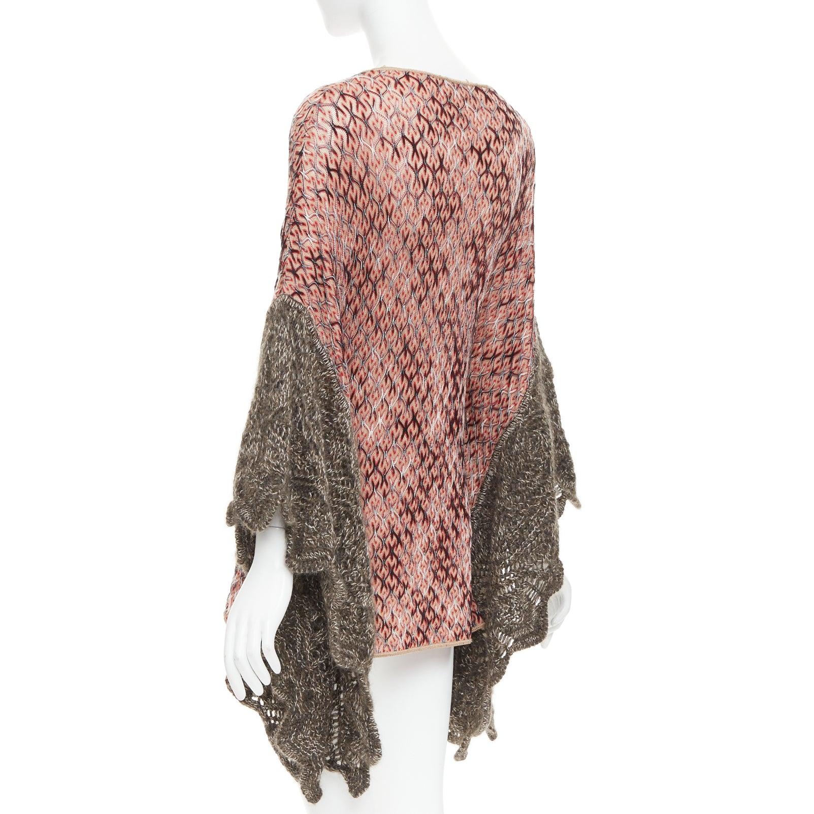 MISSONI red brown wool blend signature chevron contrast knit poncho sweater For Sale 1