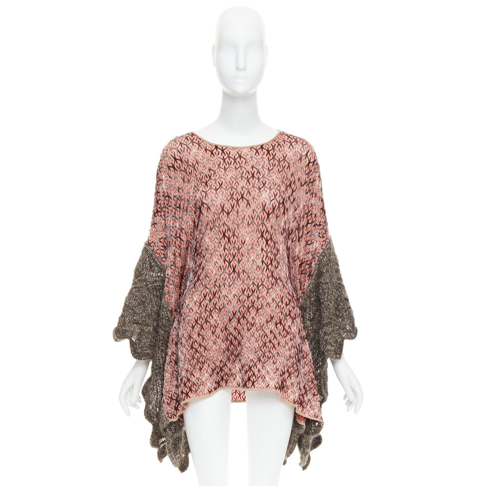 MISSONI red brown wool blend signature chevron contrast knit poncho sweater For Sale 4