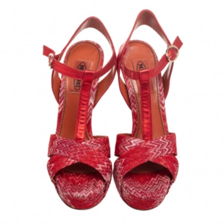 Women's Missoni Red/White Knit Fabric Leather T-Bar Platform Ankle-Strap Sandals Size 36 For Sale