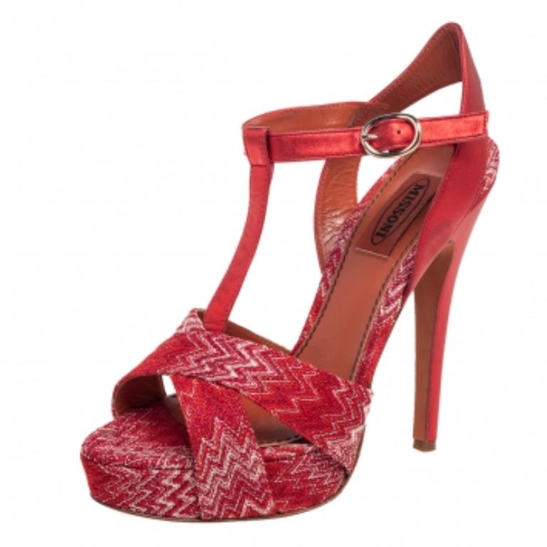 Missoni Red/White Knit Fabric Leather T-Bar Platform Ankle-Strap Sandals Size 36 For Sale 2