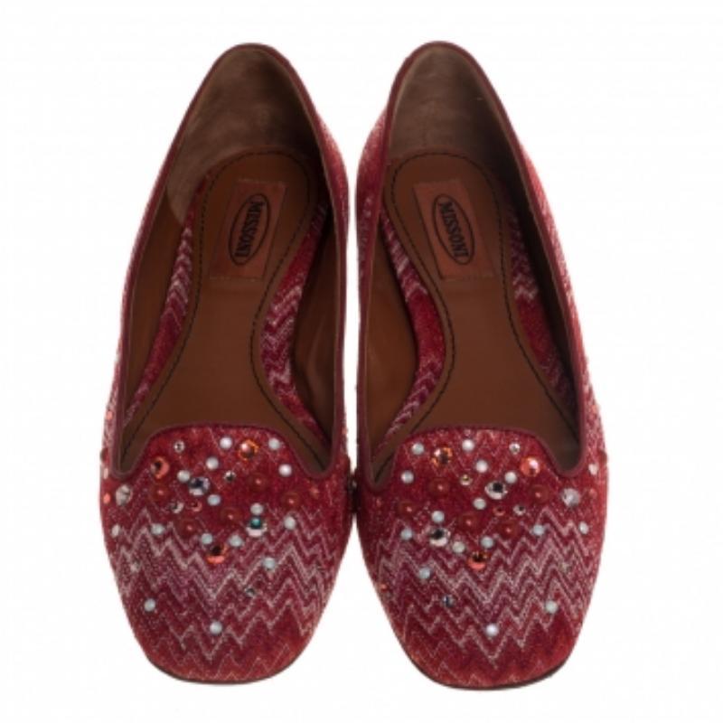 Missoni Red/White Lurex And Jacquard Fabric Embellished Ballet Flats Size 38 For Sale 1