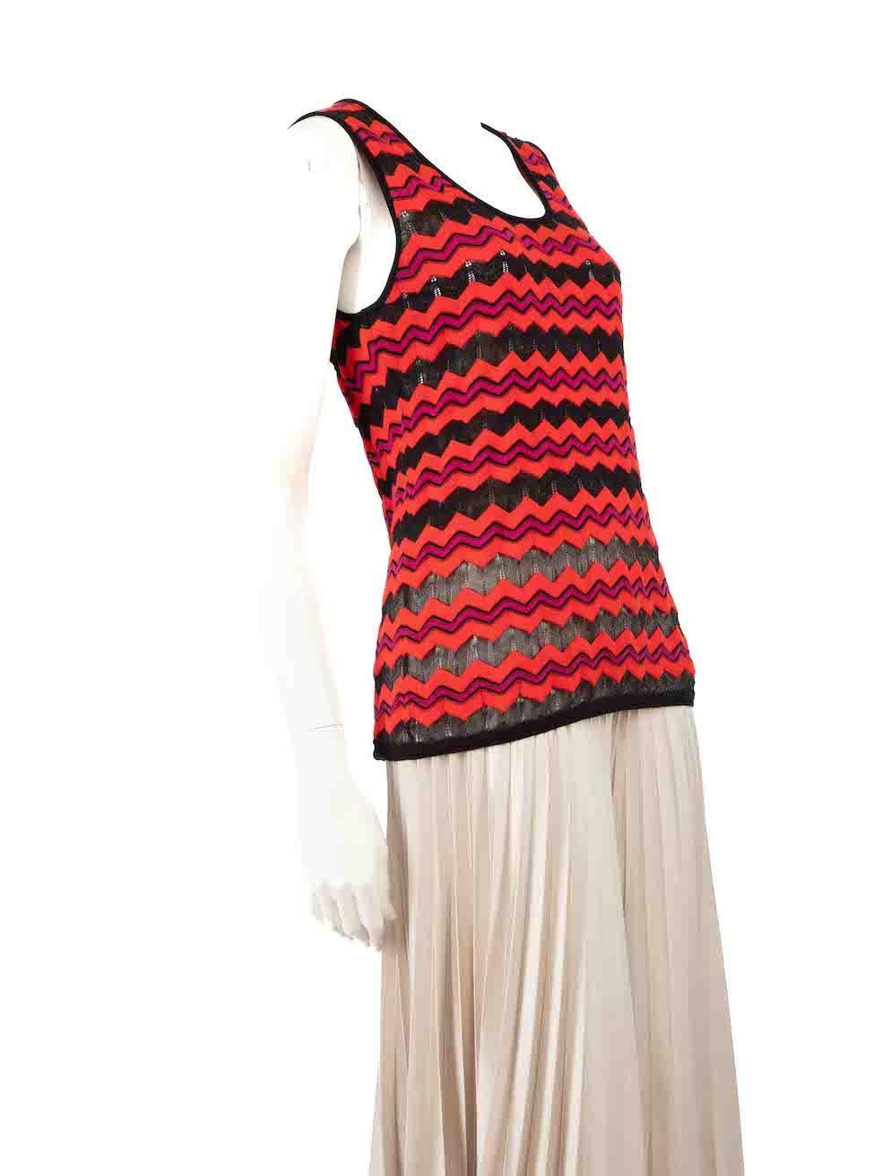 CONDITION is Very good. Hardly any visible wear to top is evident on this used Missoni designer resale item.
 
 
 
 Details
 
 
 Red
 
 Cotton
 
 Knit top
 
 Black zigzag striped pattern
 
 Sleeveless
 
 Round neck
 
 
 
 
 
 Made in Romania
 
 
 
