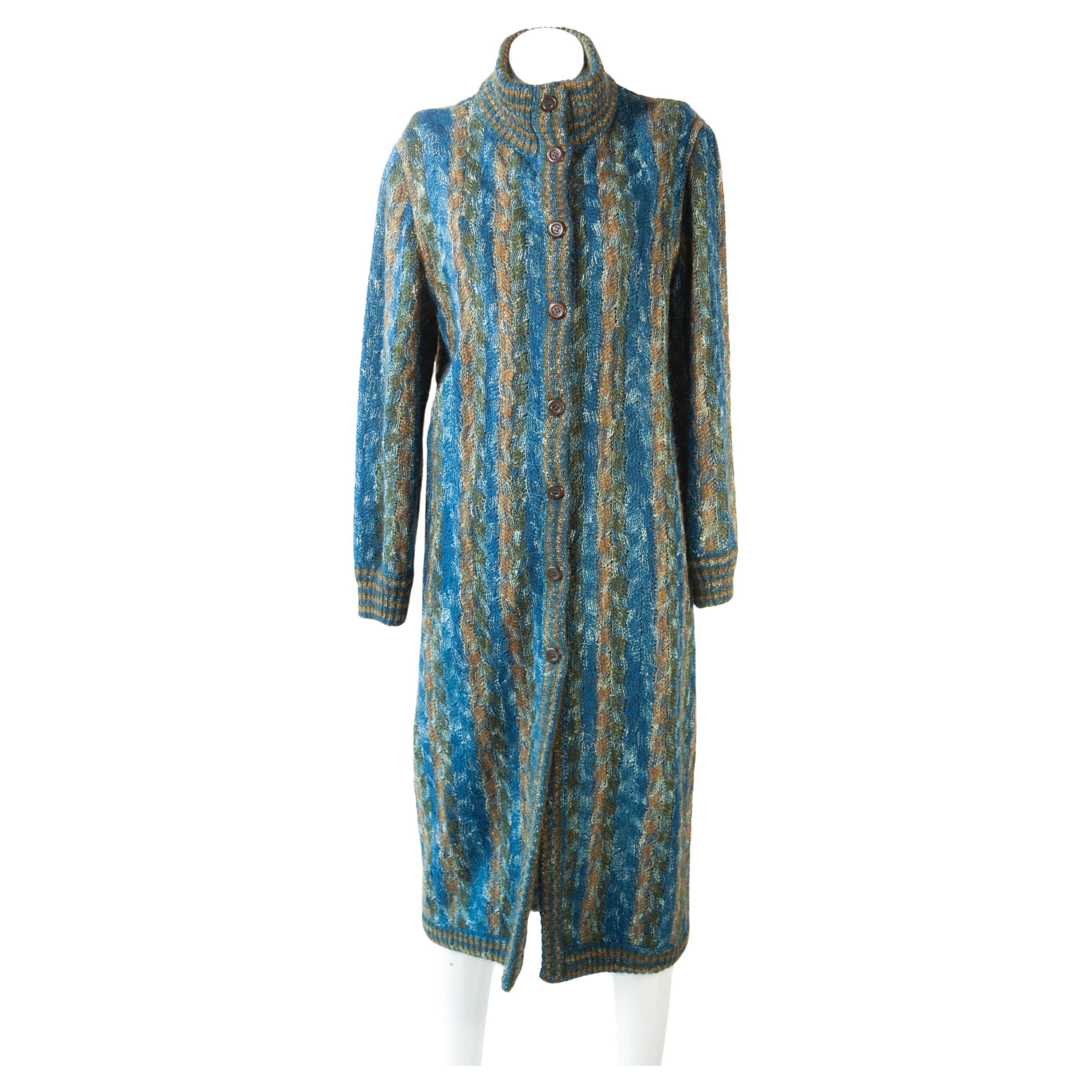 Missoni, Multi-Color Blue Knit Reversible Coat, 1970s For Sale