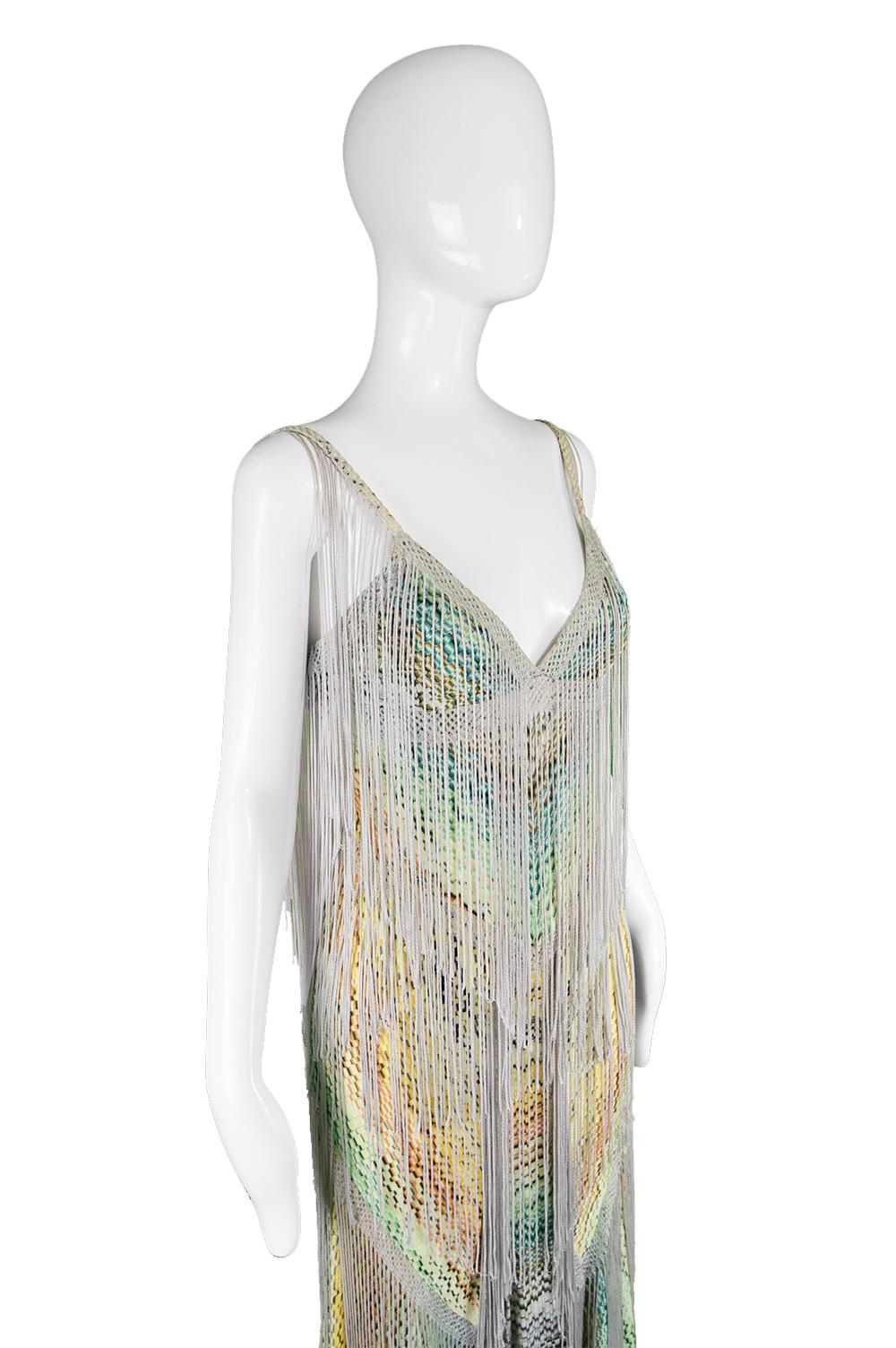 Beige Missoni Runway 2004 Multi Color Fringe & Crochet Knit Dress For Sale
