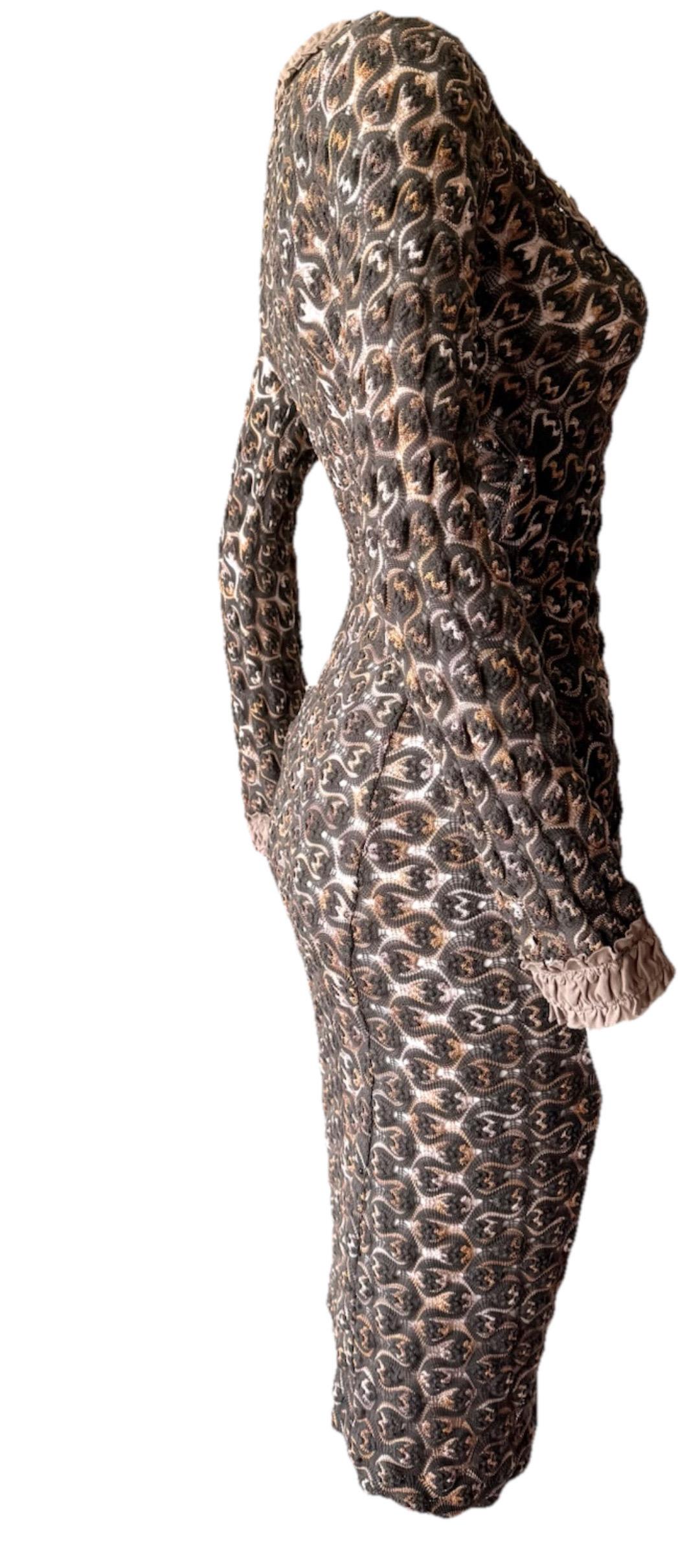 Brown MISSONI Runway F/W 2007 ‘70s-Style Crochet Knit V-Neck Wrap Dress – IT 36/38 For Sale