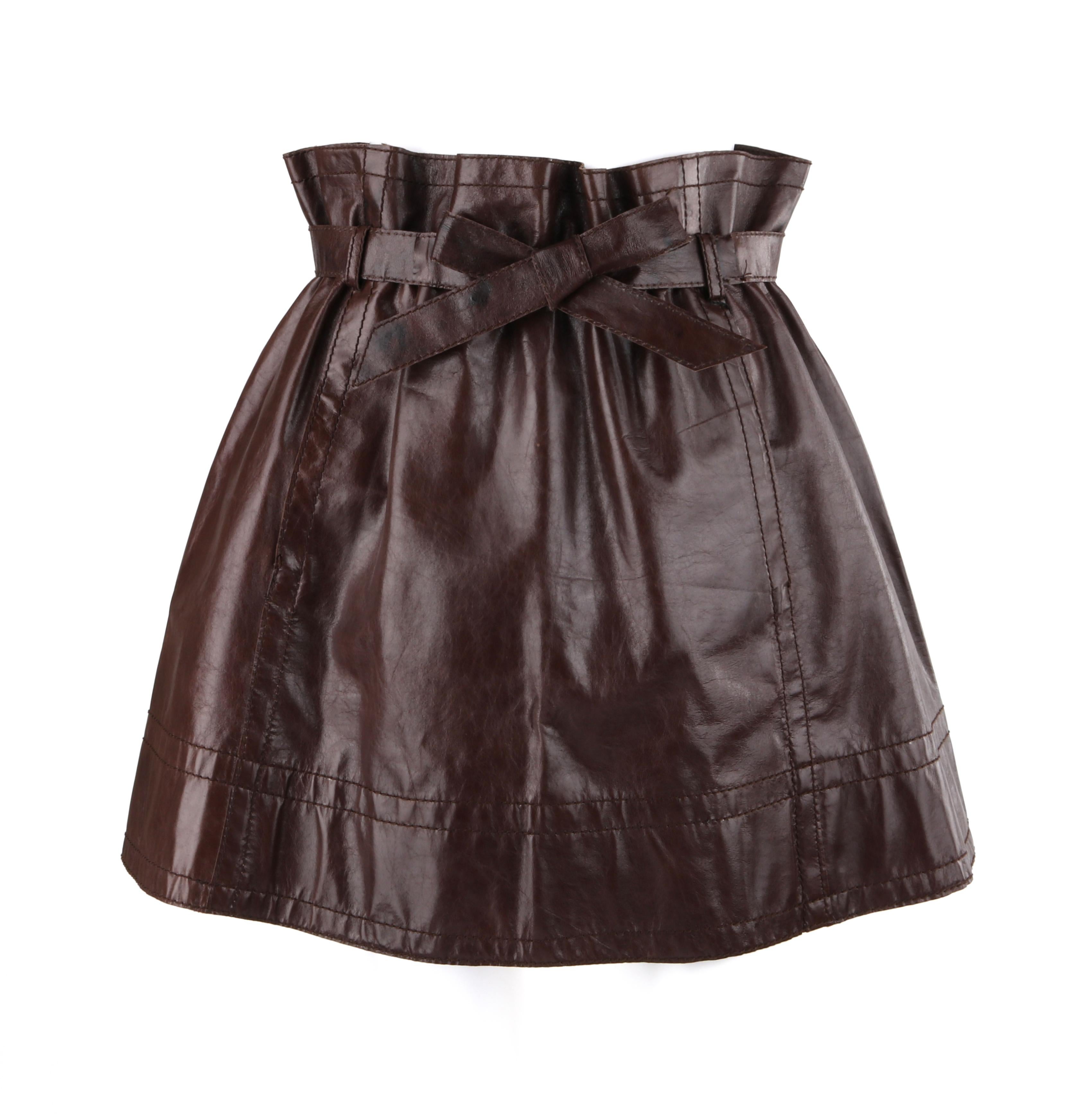 Black MISSONI Russet Brown Kangaroo Leather Paperbag Tied Waist A-Line Mini Skirt For Sale