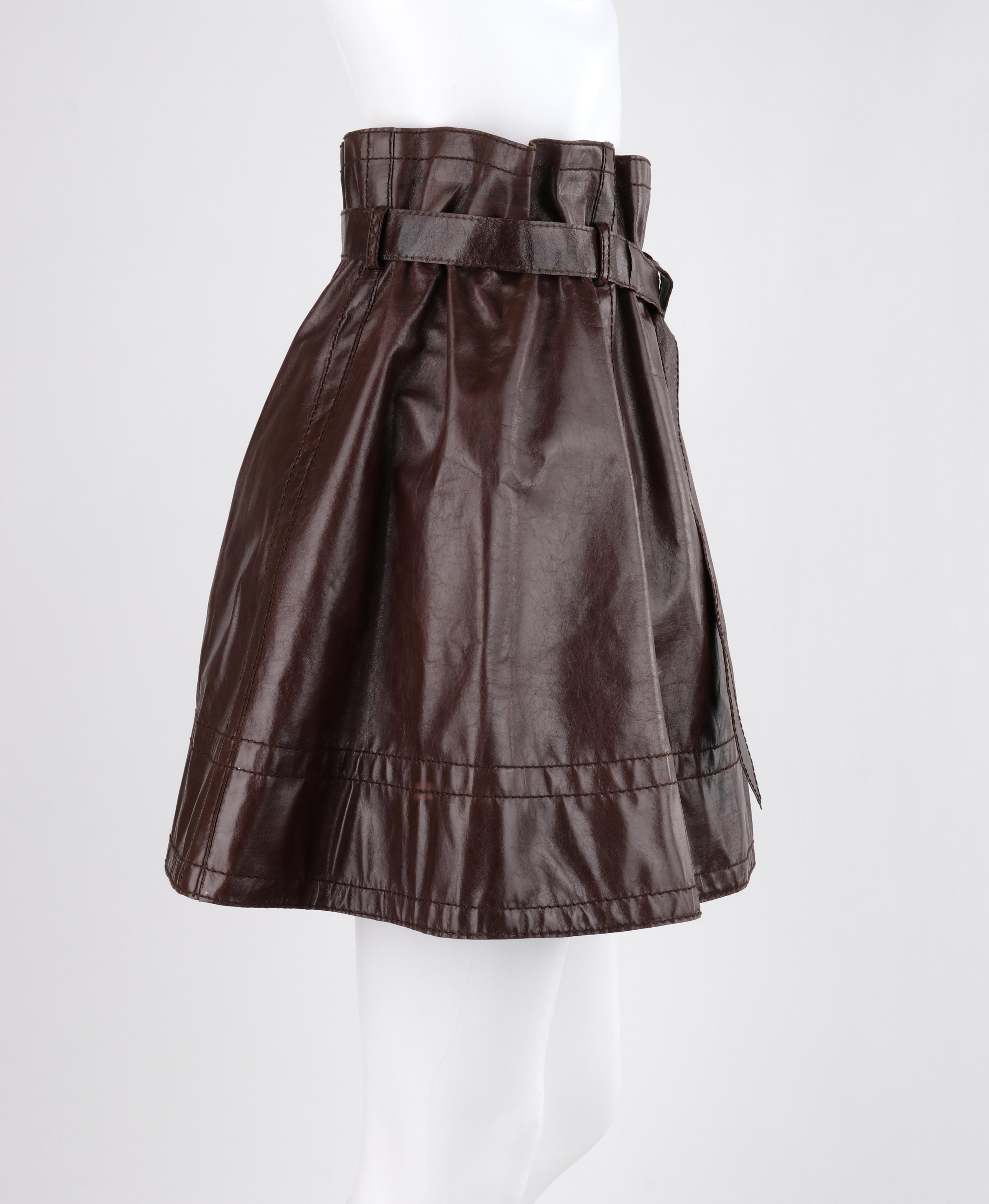 MISSONI Russet Brown Kangaroo Leather Paperbag Tied Waist A-Line Mini Skirt In Good Condition For Sale In Thiensville, WI